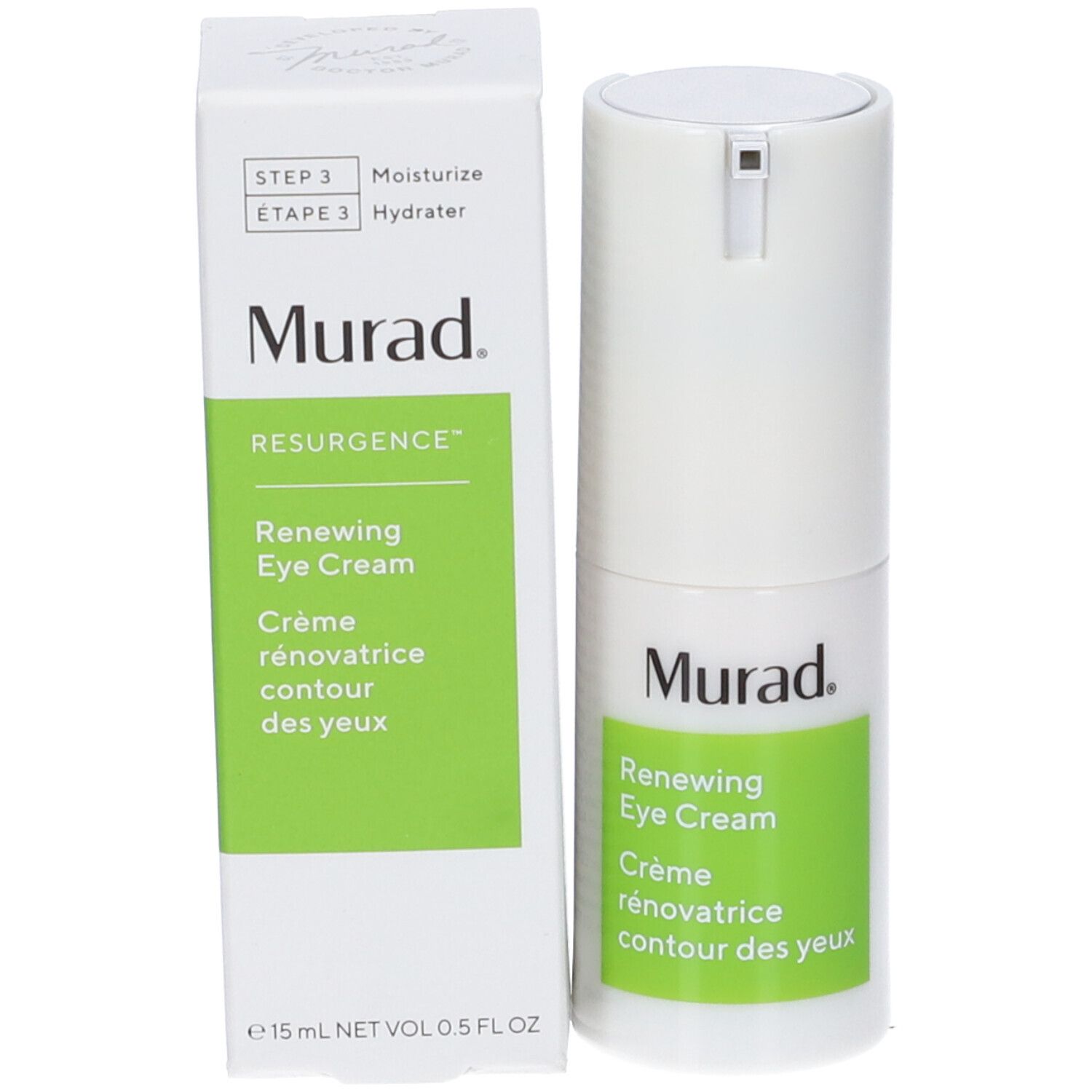 Flacone e confezione del prodotto. Scritta: Murad Renewing Eye Cream. Flacone bianco con etichetta verde.