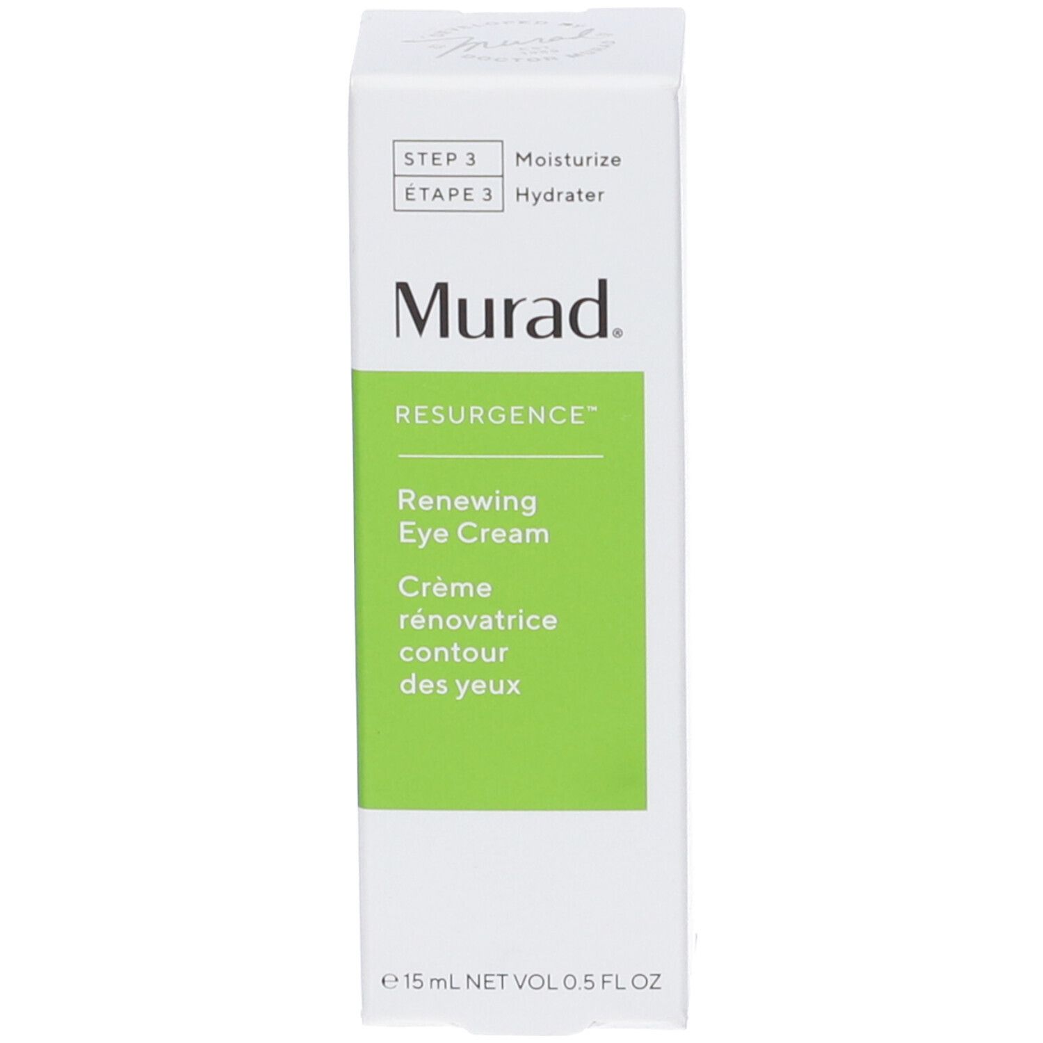 Confezione del prodotto. Scritta: Murad Renewing Eye Cream. Confezione bianca con testo verde.
