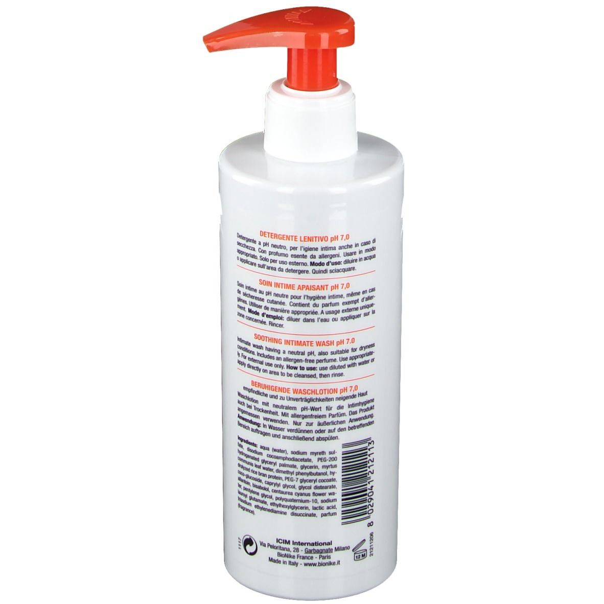 Flacone bianco con dosatore rosso. Scritta: TRIDERM INTIMATE, pH 7,0. Testo in italiano, francese e inglese. Marchio: BioNike.