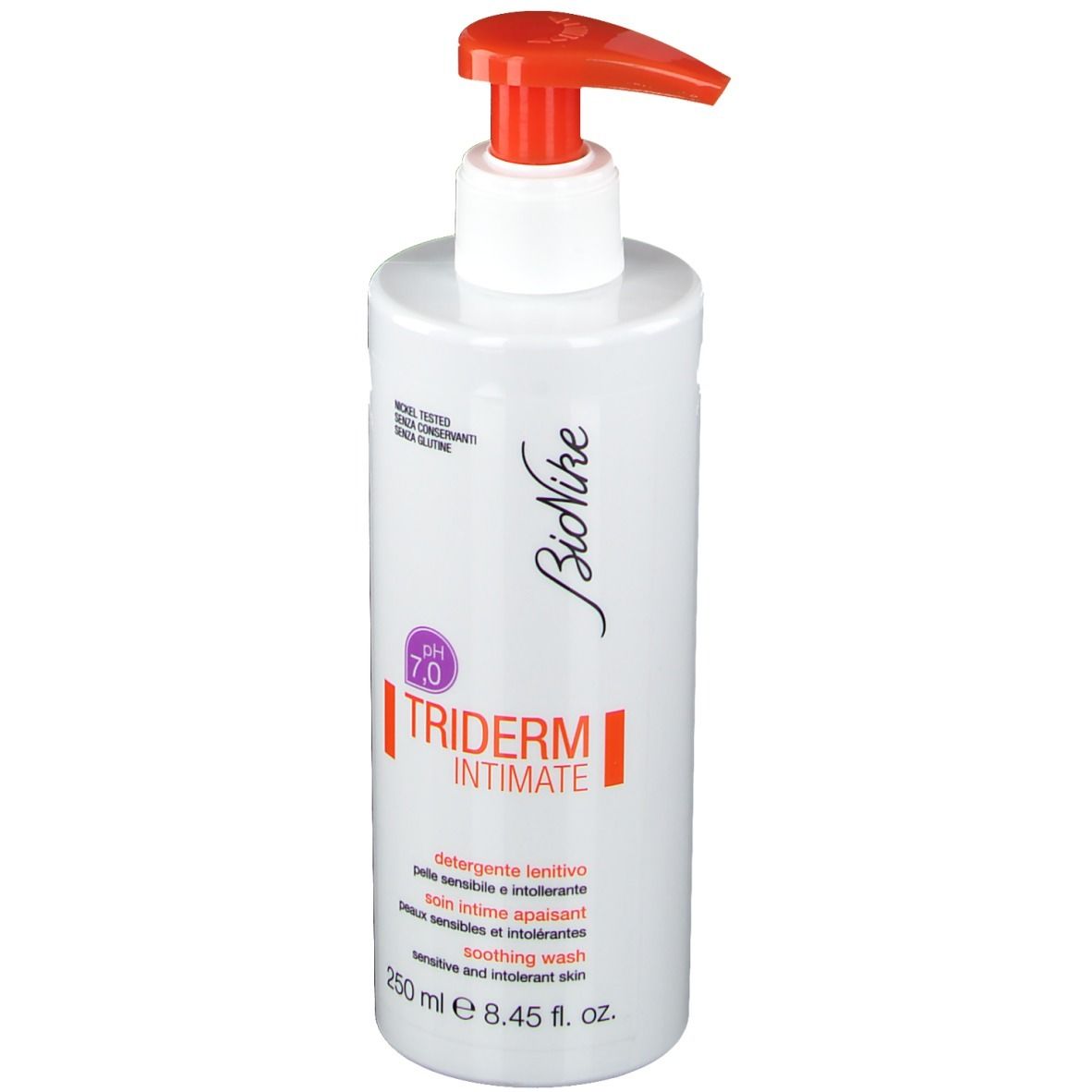 Flacone bianco con dosatore rosso. Scritta: TRIDERM INTIMATE, pH 7,0. Testo in italiano, francese e inglese. Marchio: BioNike.