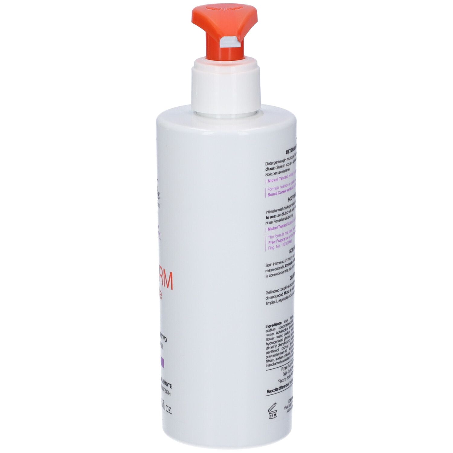 Flacone bianco, vista laterale. Scritta: TRIDERM Intimate. Testo in italiano. Dosatore arancione. Marchio: BioNike.