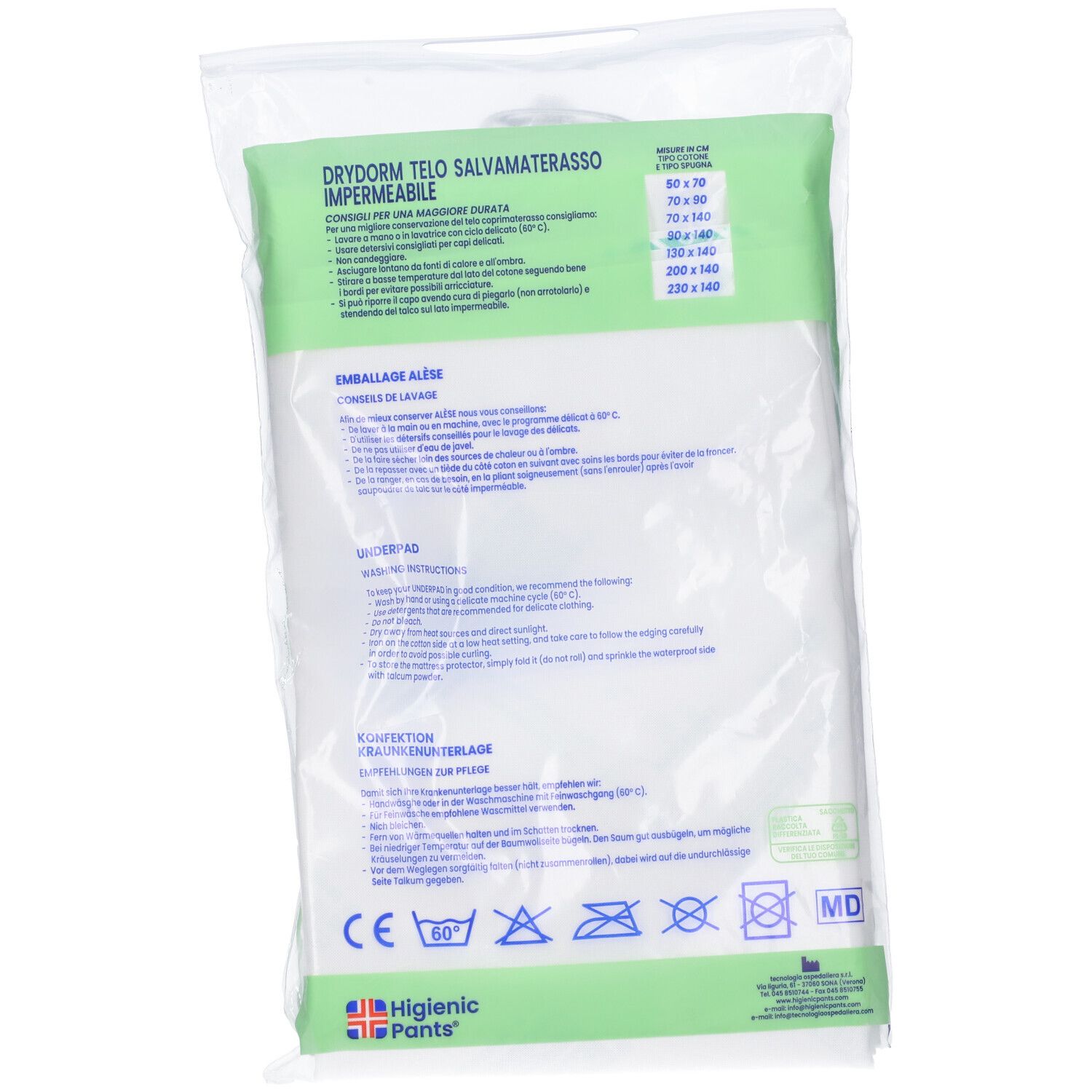 Retro della confezione. Drydorm Telo Salvamaterasso Impermeabile. Testo, simboli di lavaggio, marchio CE e logo Hygienic Pants.
