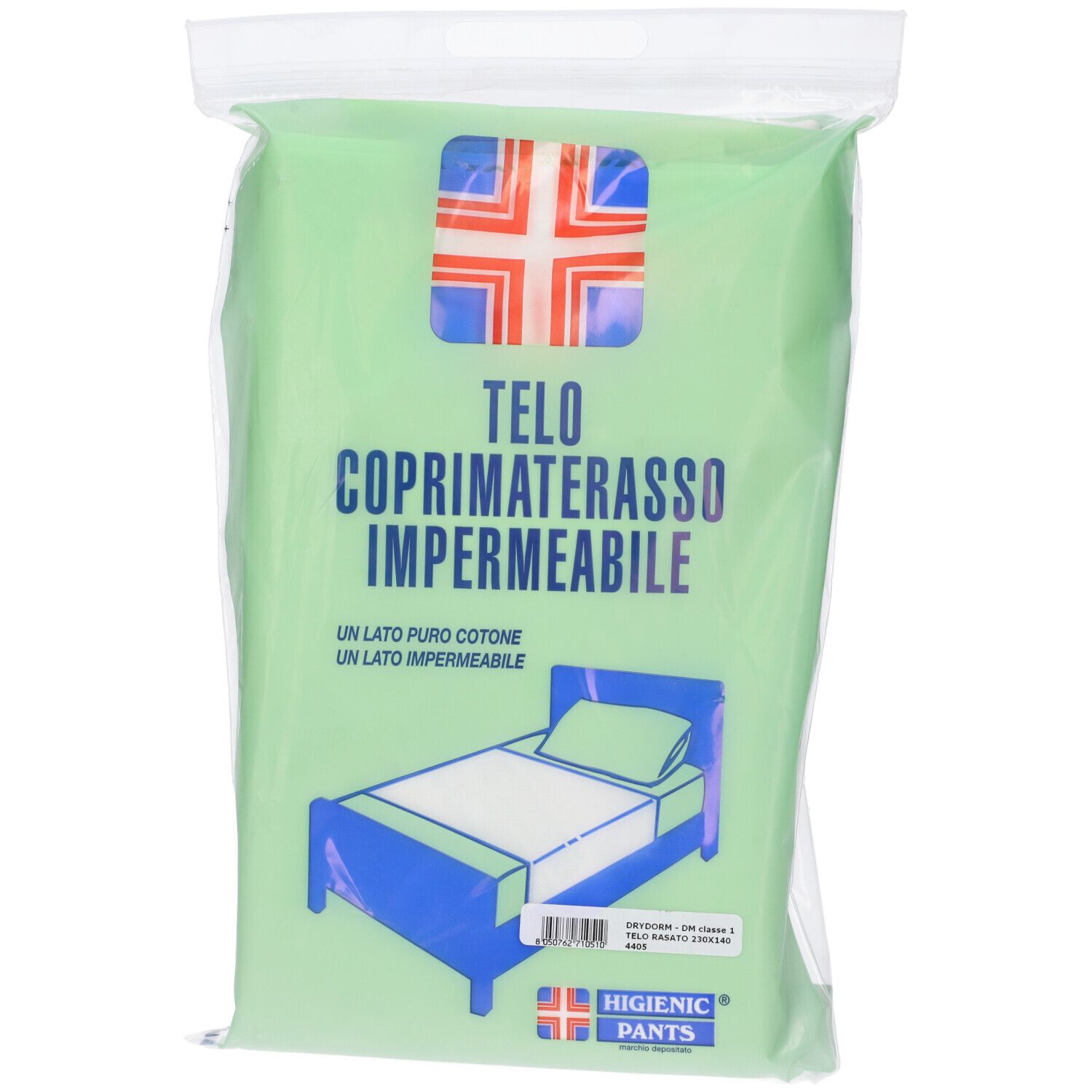 Busta verde con lenzuolo bianco. Testo: Telo Coprimaterasso Impermeabile. Logo: Hygienic Pants. Illustrazione di un letto.