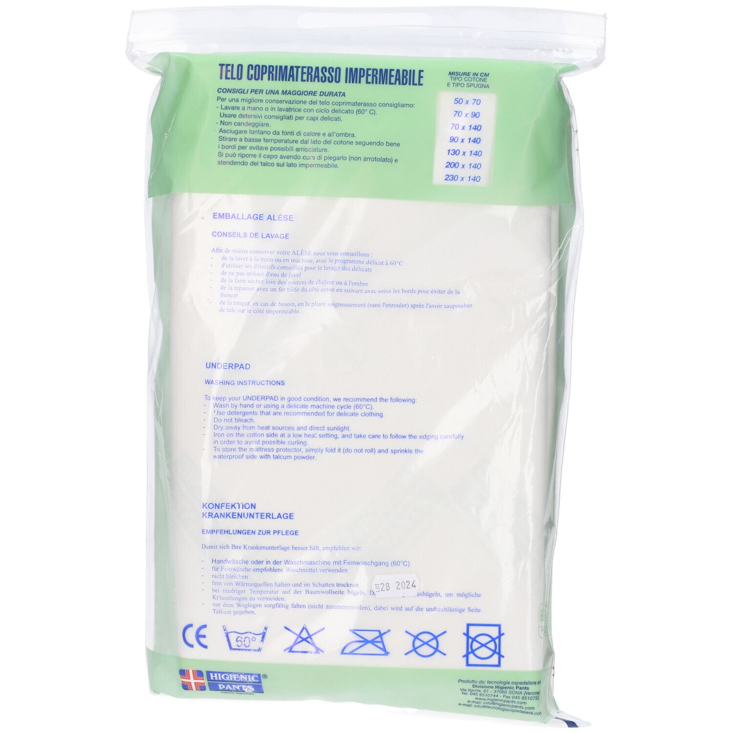 Confezione trasparente con lenzuolo bianco. Retro con testo multilingue. Logo: Hygienic Pants. Simboli di lavaggio.