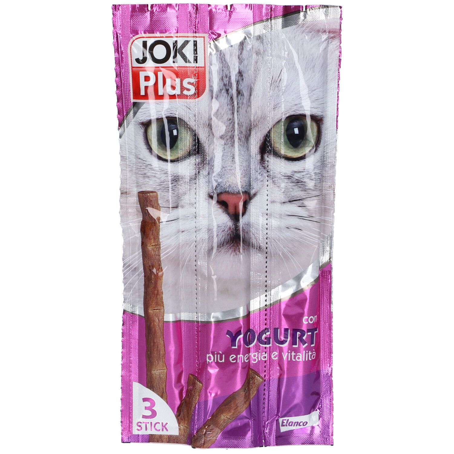 Primo piano della confezione. Design rosa e bianco con foto di gatto e nome del prodotto. Contiene 3 stick.