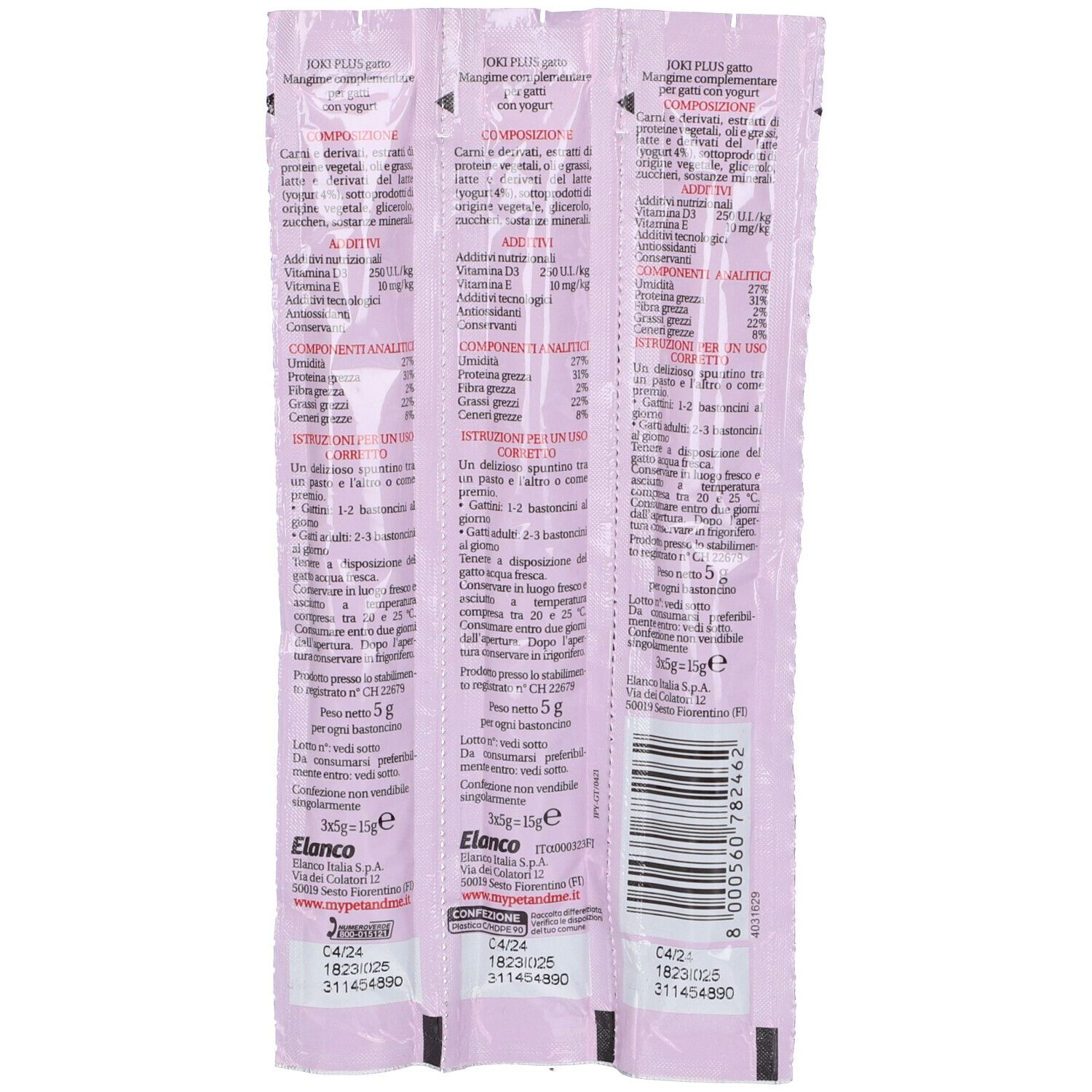 Retro di tre confezioni singole. Design rosa con testo e codice a barre. Contiene informazioni sul prodotto.