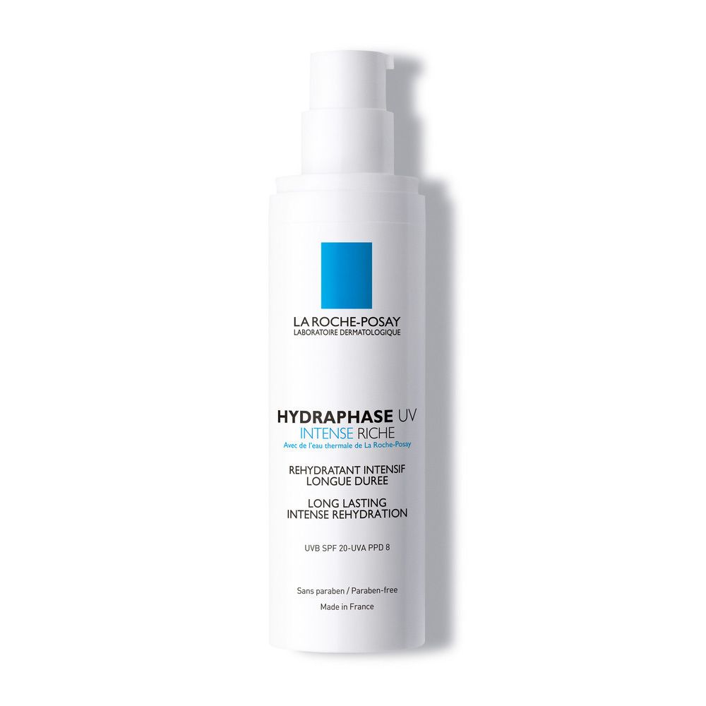 Flacone bianco con dosatore e quadrato blu. Scritte: HYDRAPHASE UV INTENSE RICHE, SPF 20. Senza parabeni.