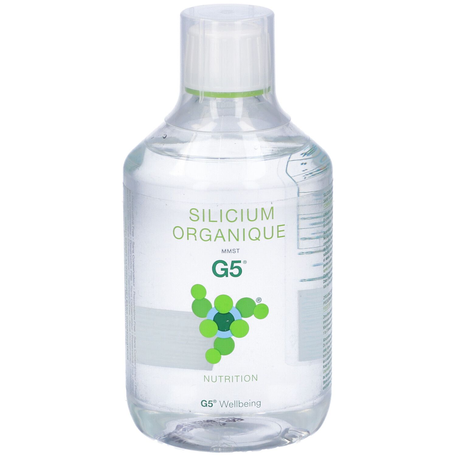 Liquido trasparente in bottiglia con tappo bianco. Scritta: Silicium Organique G5, Nutrition, G5 Wellbeing.