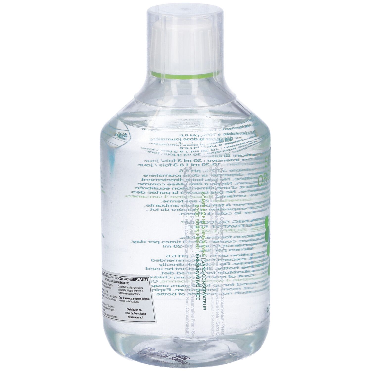 Retro di una bottiglia di liquido trasparente con tappo bianco. Informazioni testuali sull'etichetta.