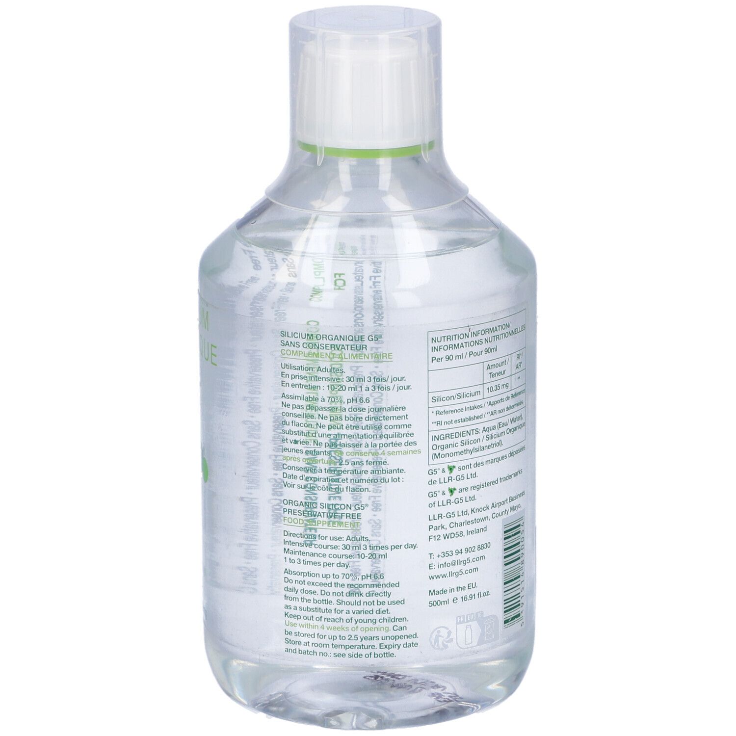 Retro di una bottiglia di liquido trasparente con tappo bianco. Informazioni testuali sull'etichetta.