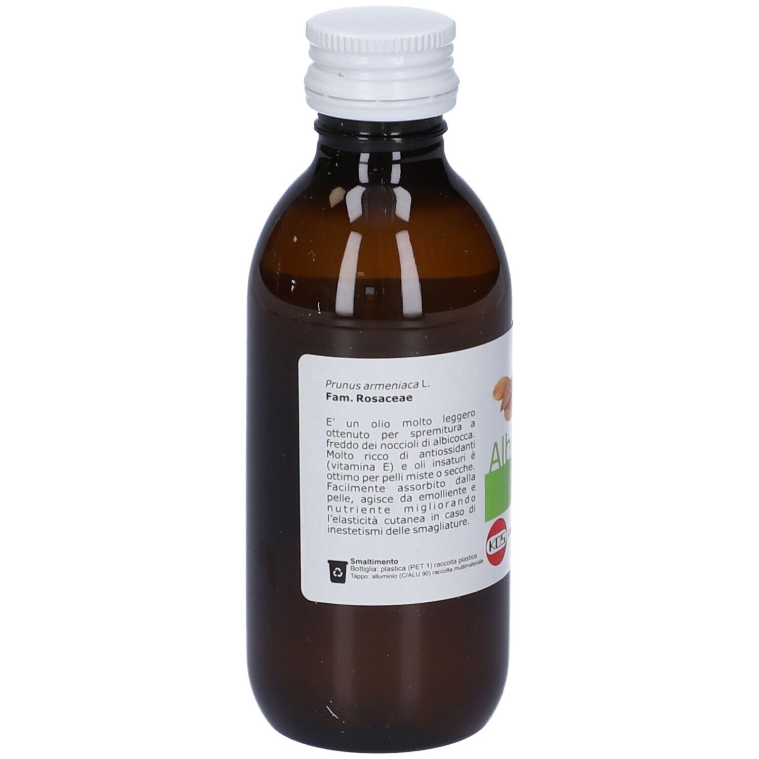 Bottiglia di vetro marrone con tappo bianco. Etichetta con informazioni sul prodotto, inclusi ingredienti e produttore.