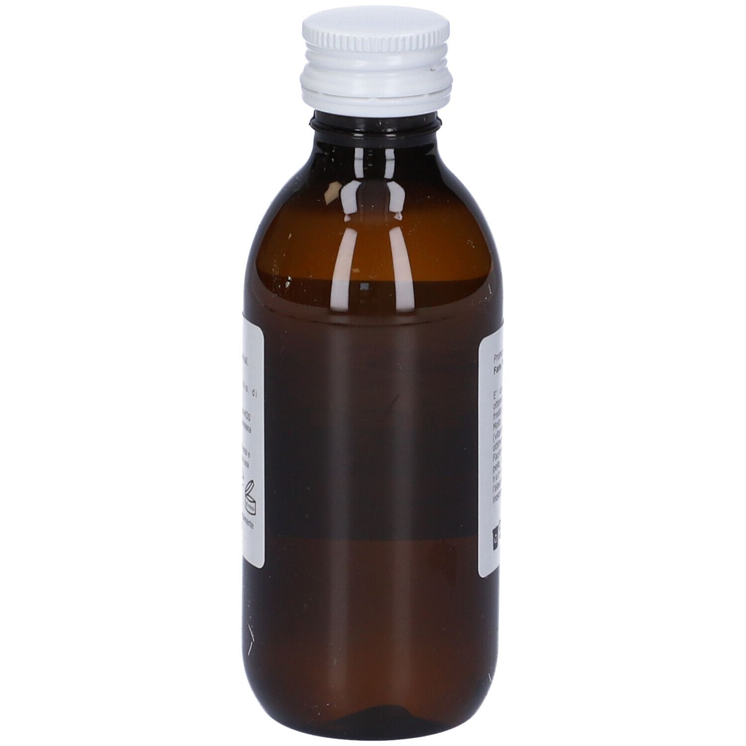 Bottiglia di vetro marrone con tappo bianco. Etichetta con informazioni sul prodotto, inclusi ingredienti e produttore.