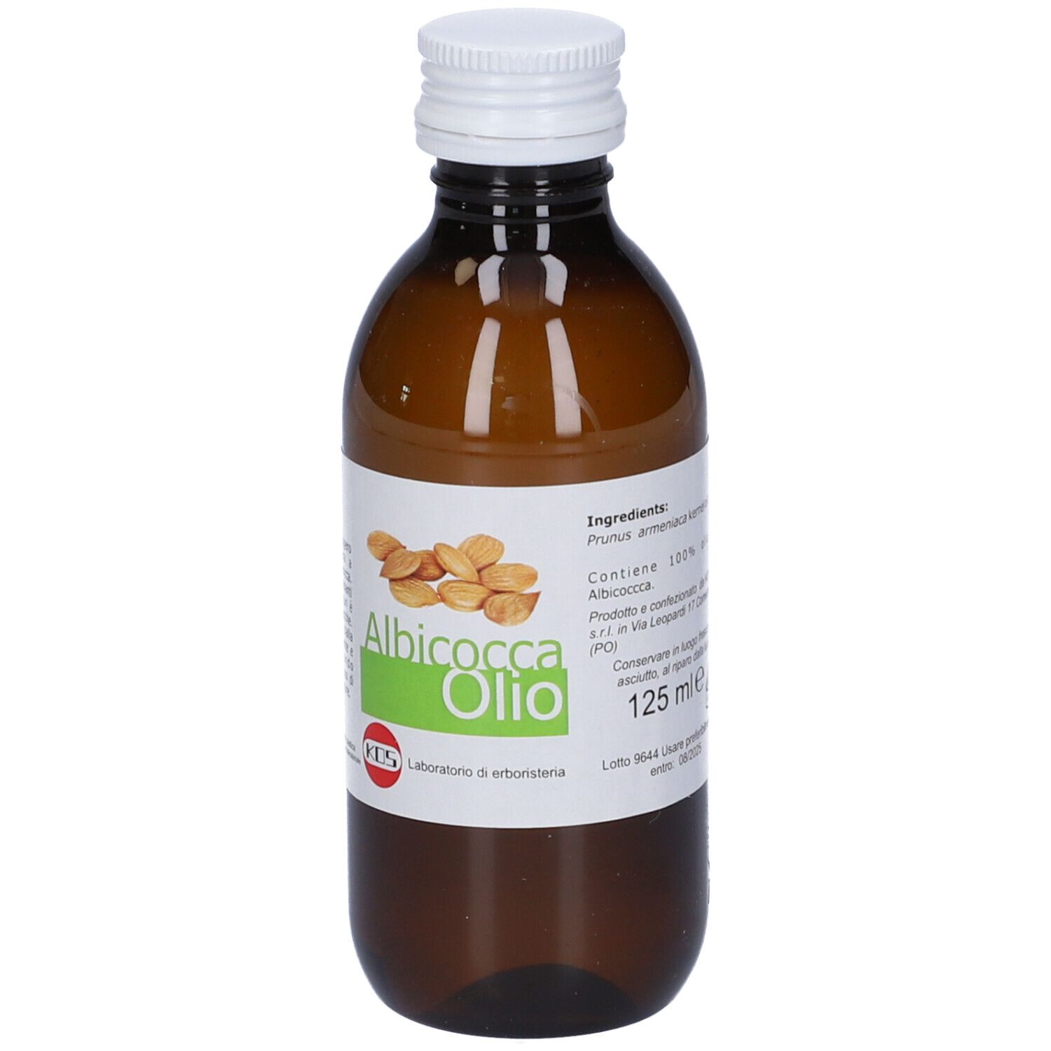 Bottiglia di vetro marrone con tappo bianco. Etichetta con informazioni sul prodotto, inclusi ingredienti e produttore.