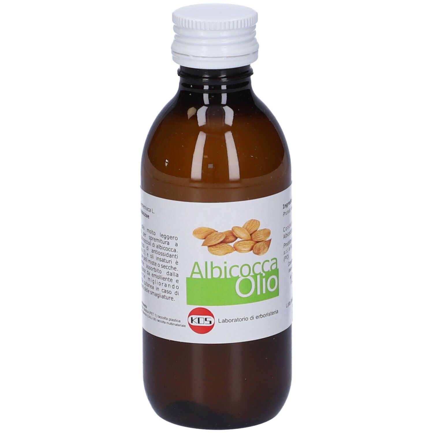 Bottiglia di vetro marrone con tappo bianco. Etichetta con informazioni sul prodotto, inclusi ingredienti e produttore.