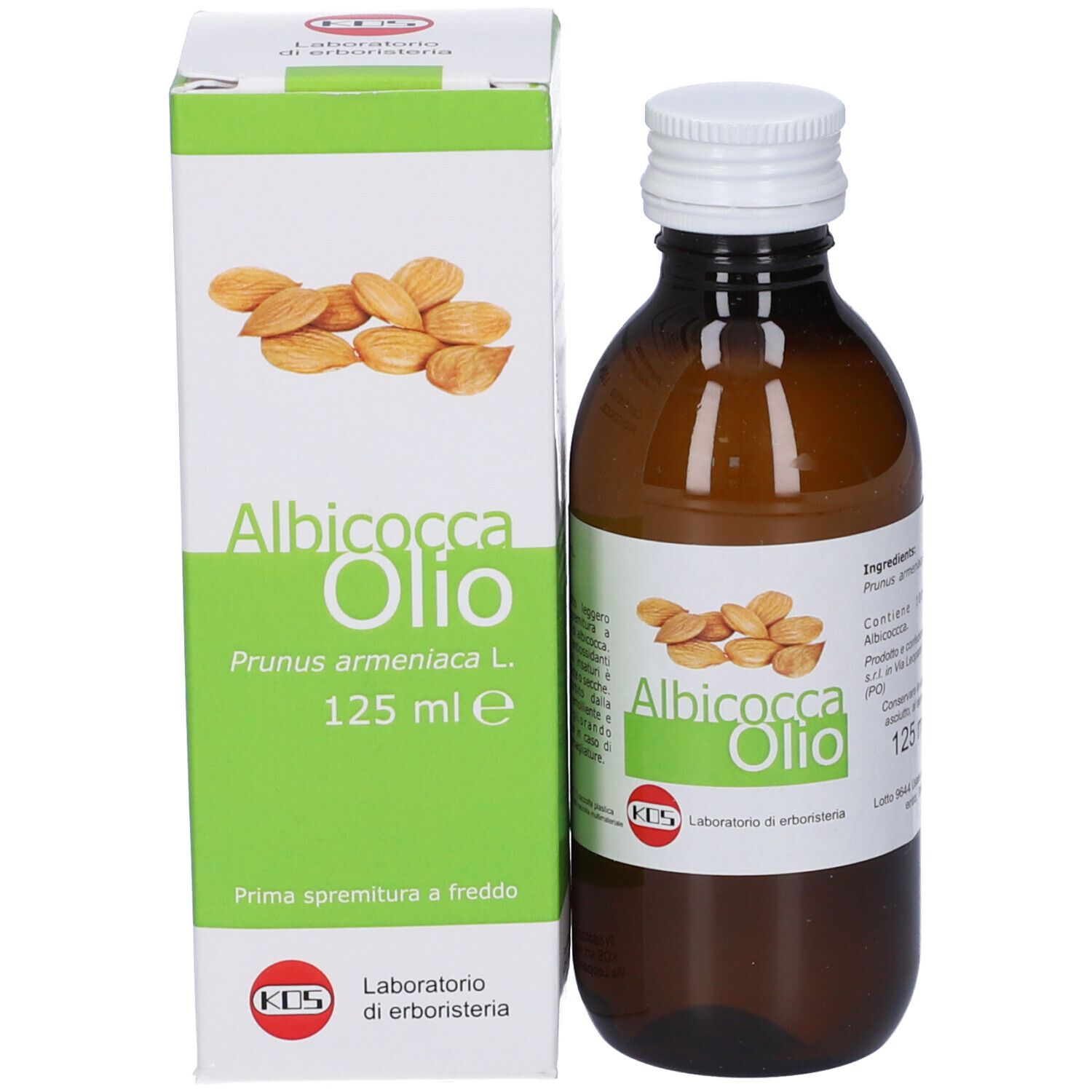 Bottiglia KOS Olio Di Albicocca e confezione in cartone. Bottiglia marrone, tappo bianco, confezione verde.