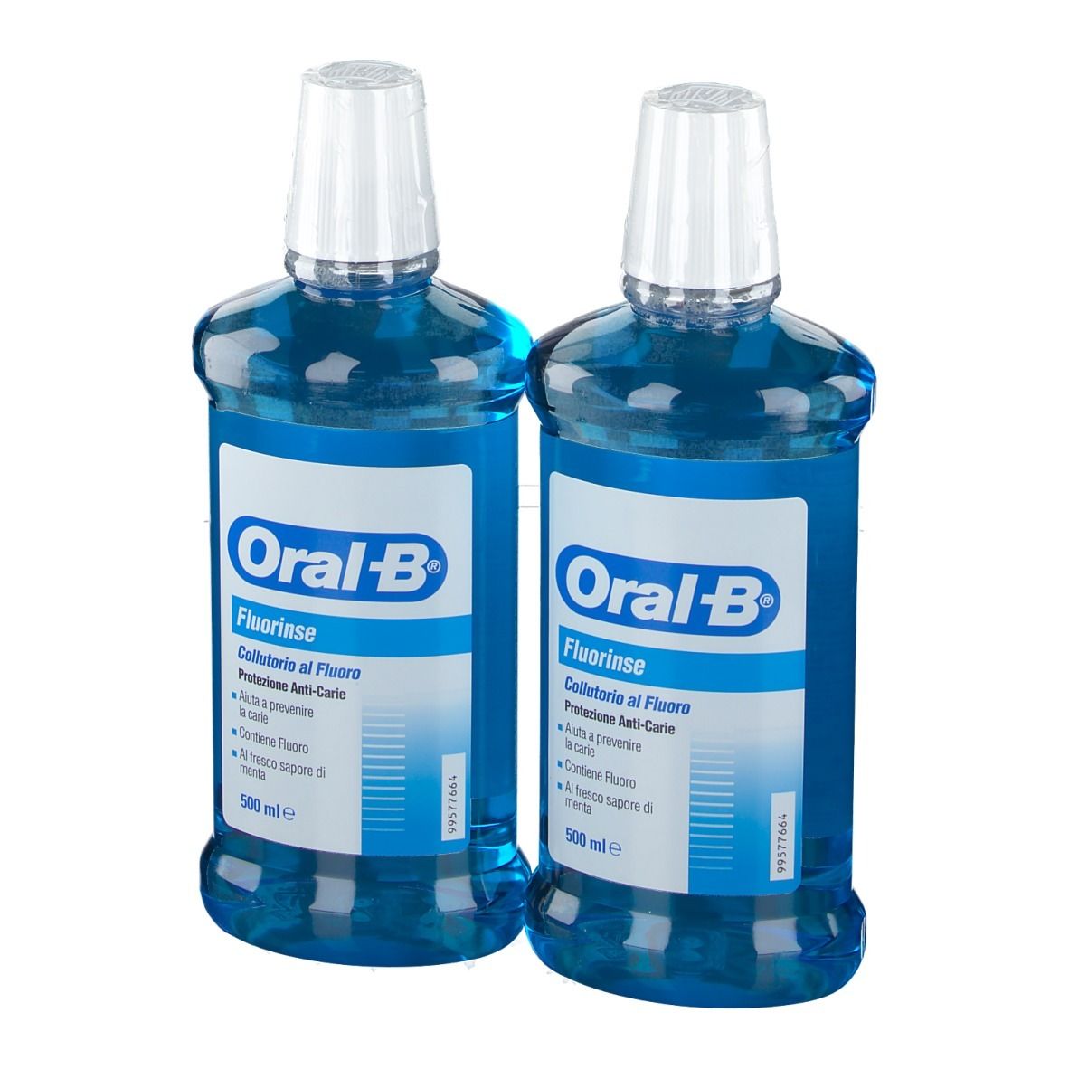 Due flaconi di collutorio, leggermente angolati. Scritta: Oral-B Fluorinse.