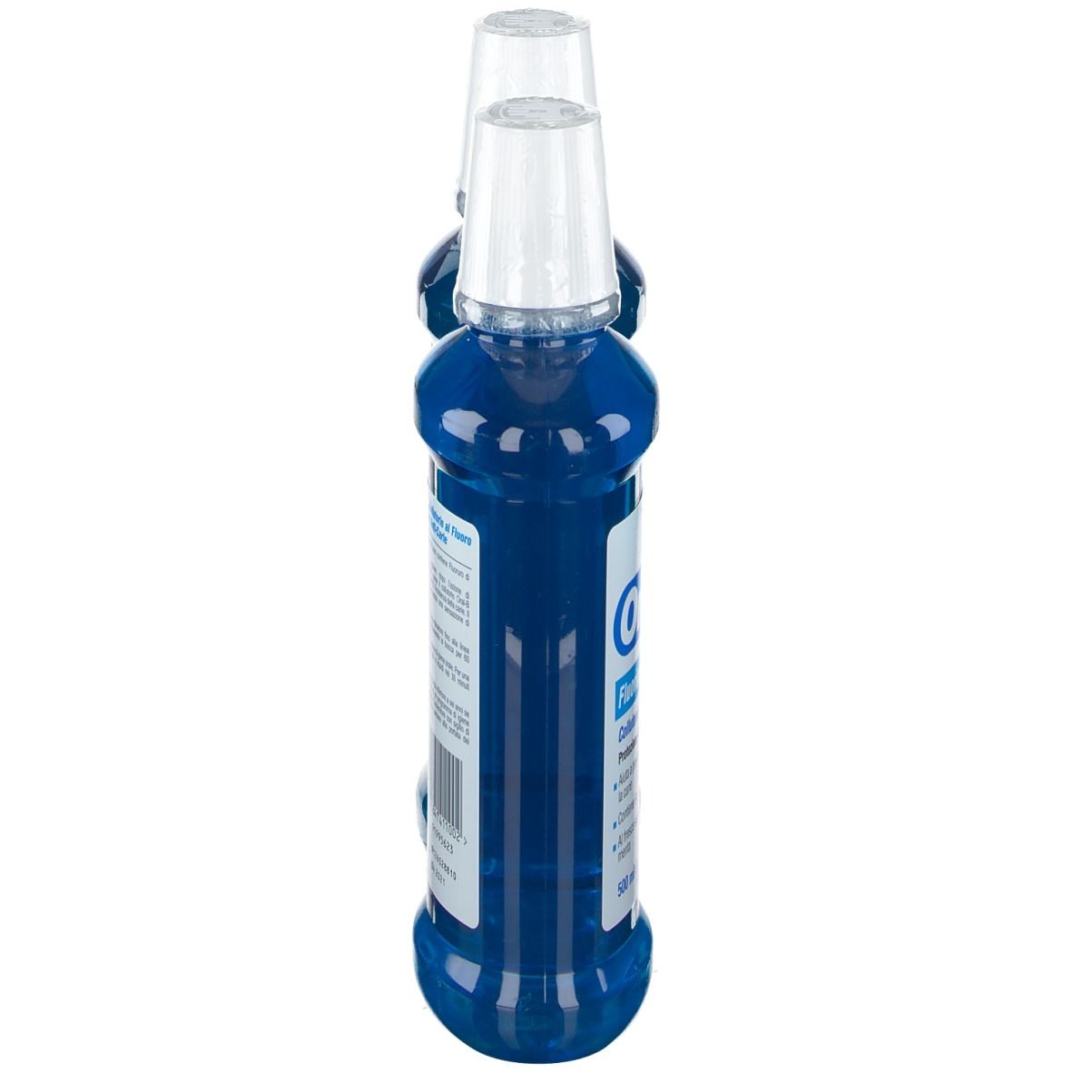 Due flaconi di collutorio, vista laterale. Tappi bianchi, liquido blu.