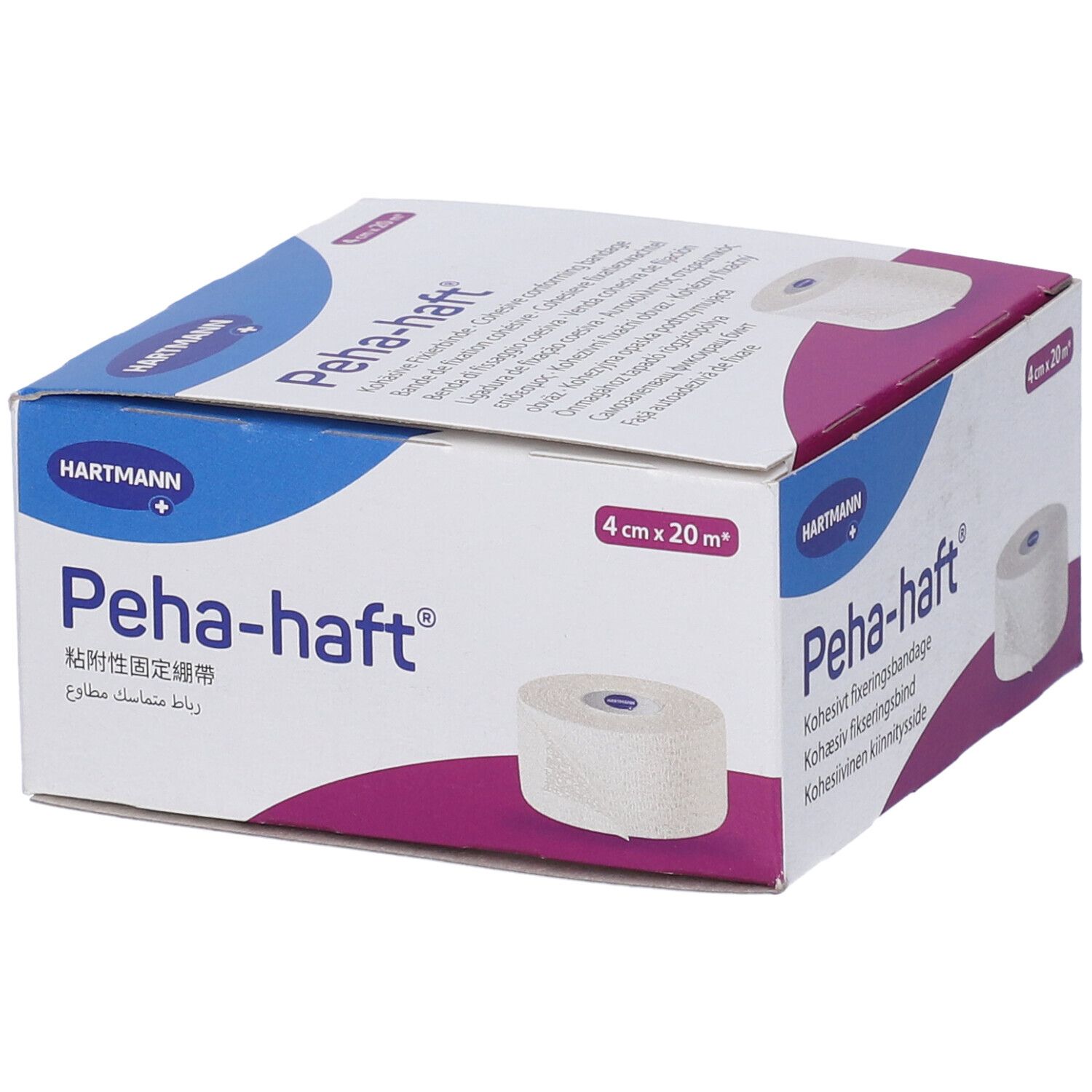 Confezione di Peha-haft. Rotolo di benda visibile. Dimensioni: 4 cm x 20 m. Marchio: Hartmann.