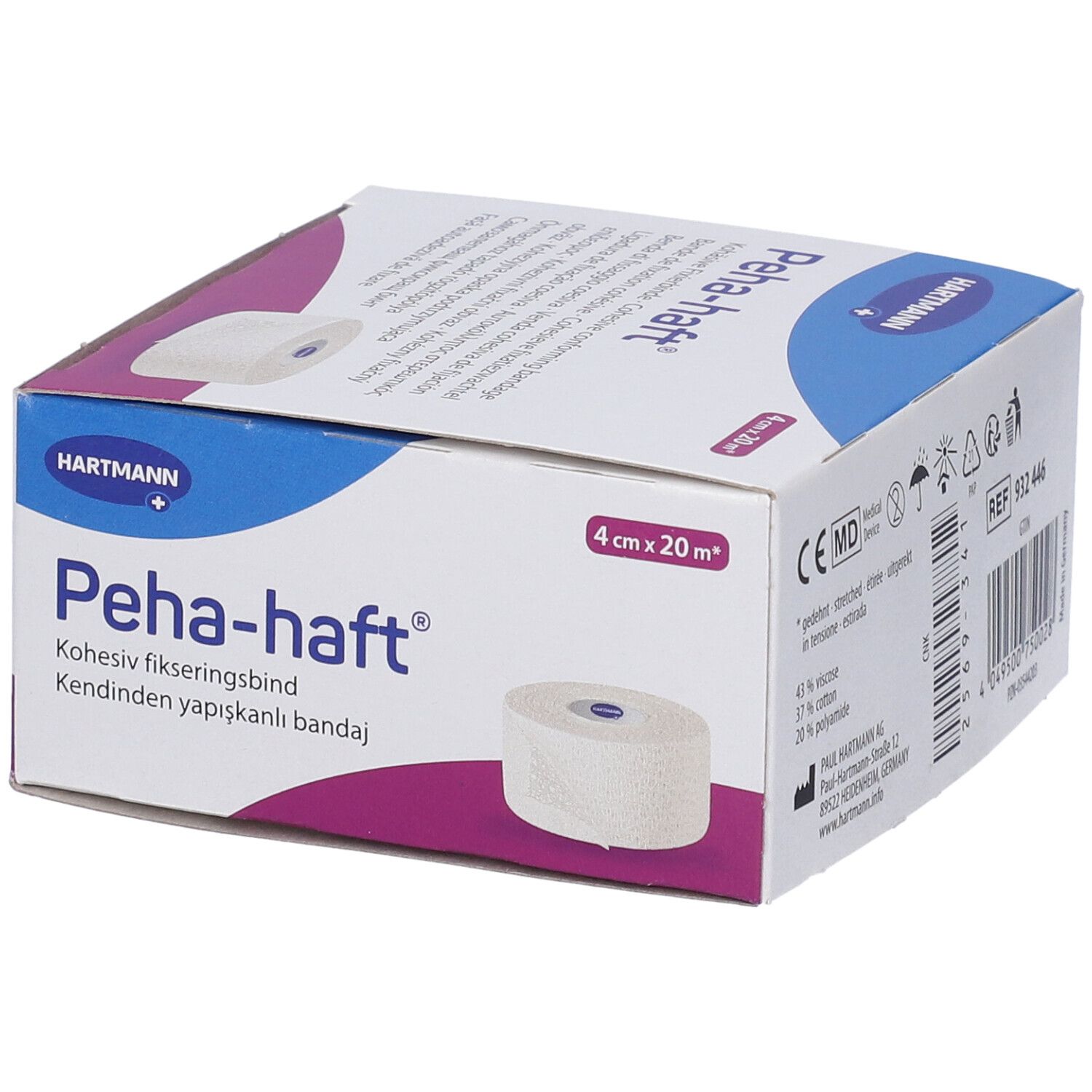 Confezione di Peha-haft. Rotolo di benda visibile. Dimensioni: 4 cm x 20 m. Marchio: Hartmann.