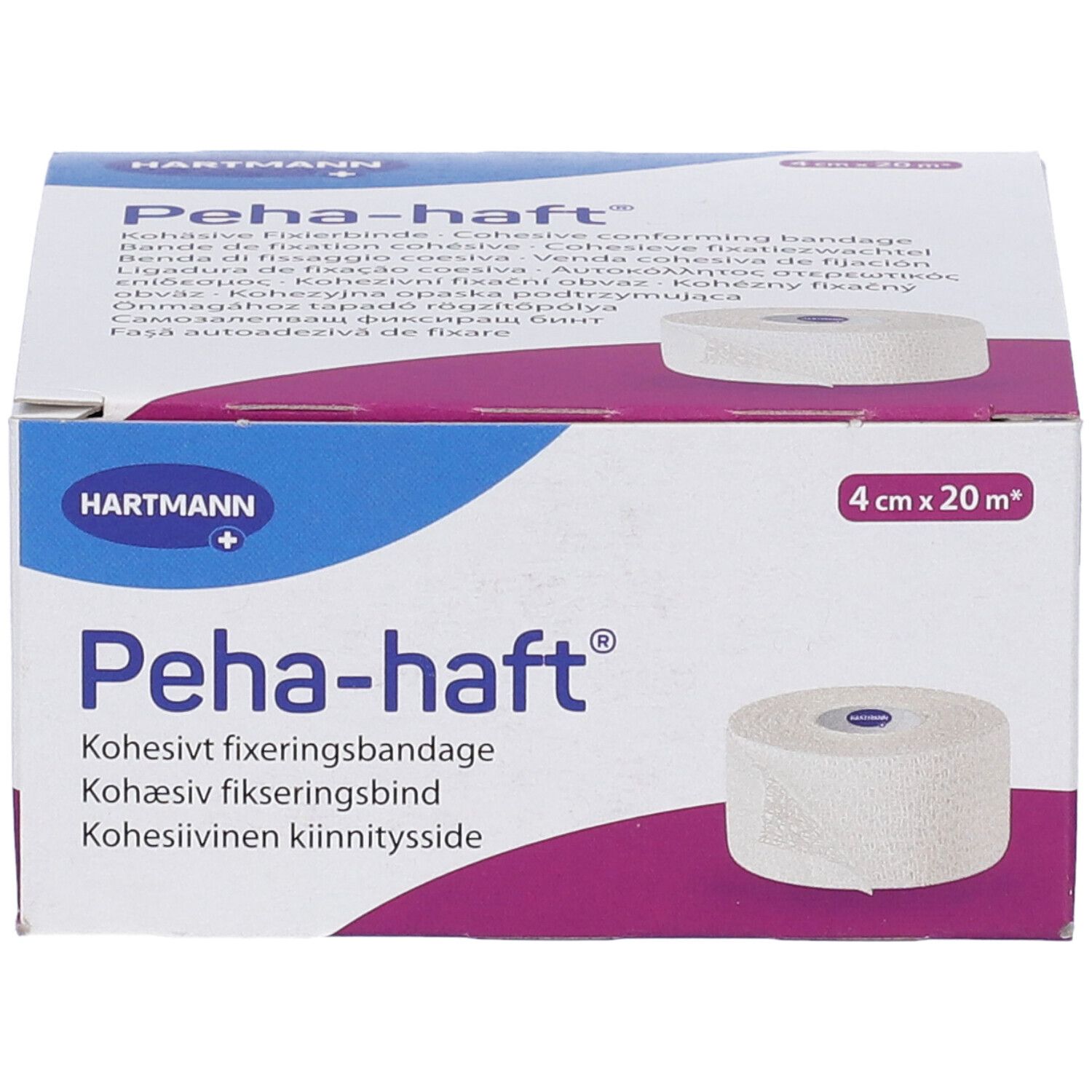 Confezione di Peha-haft. Rotolo di benda visibile. Dimensioni: 4 cm x 20 m. Marchio: Hartmann.