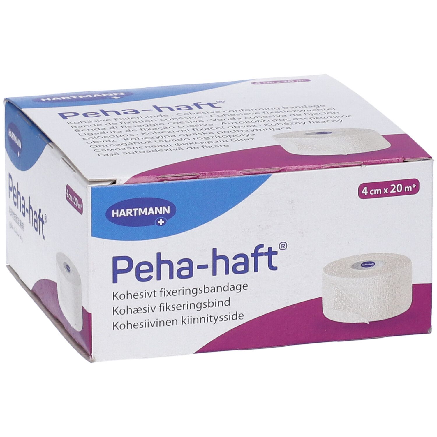 Confezione di Peha-haft. Rotolo di benda visibile. Dimensioni: 4 cm x 20 m. Marchio: Hartmann.