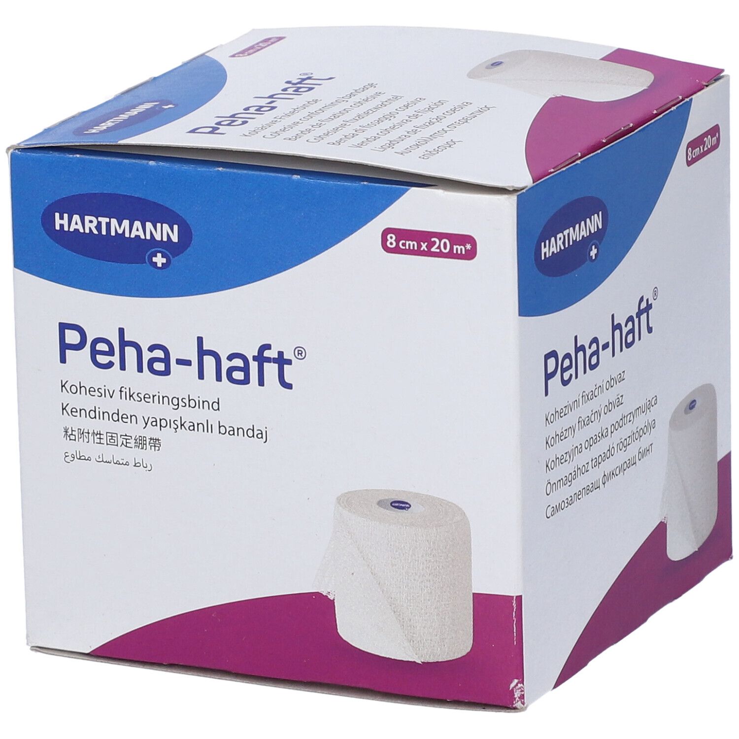 Confezione di Peha-haft, benda autoadesiva. Dimensioni 8 cm x 20 m. Marchio Hartmann.