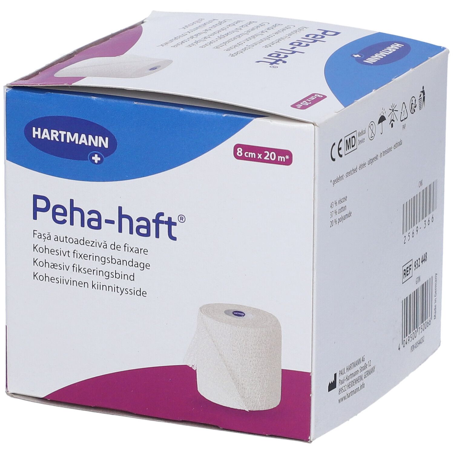 Confezione di Peha-haft, benda autoadesiva. Dimensioni 8 cm x 20 m. Marchio Hartmann.
