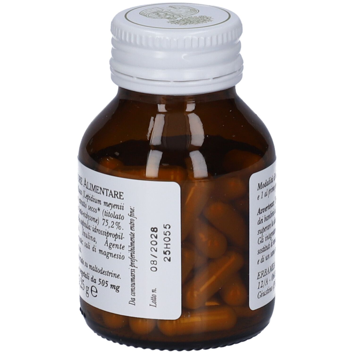 Flacone di vetro marrone con tappo bianco. Etichetta con ingredienti e data di scadenza 08/2028.