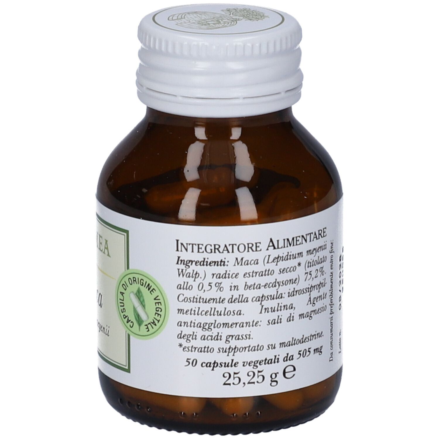 Flacone di vetro marrone con tappo bianco. Etichetta con ingredienti, 50 capsule, 25,25 g.