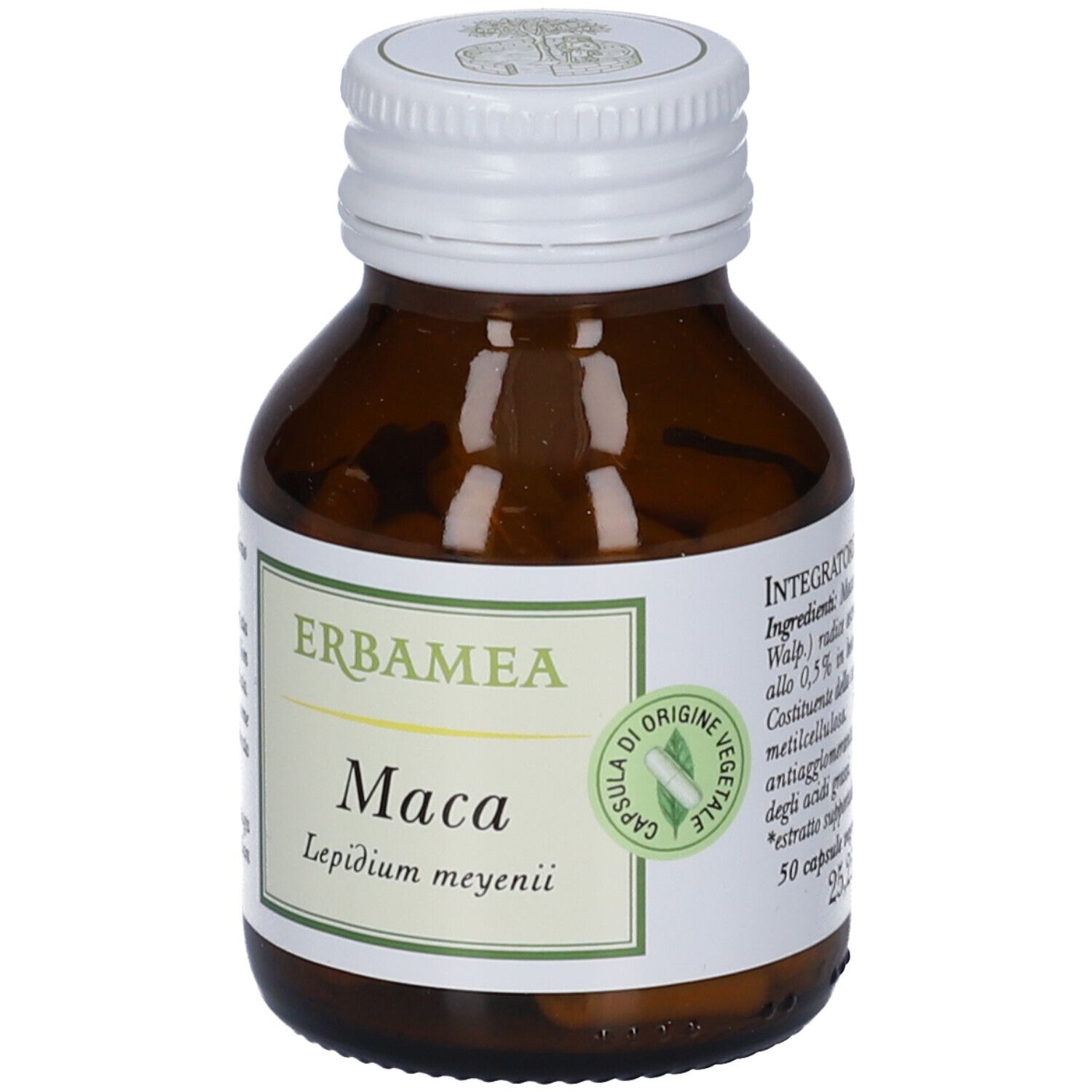 Flacone di vetro marrone con tappo bianco. Etichetta Erbamea Maca. Certificazione vegana.