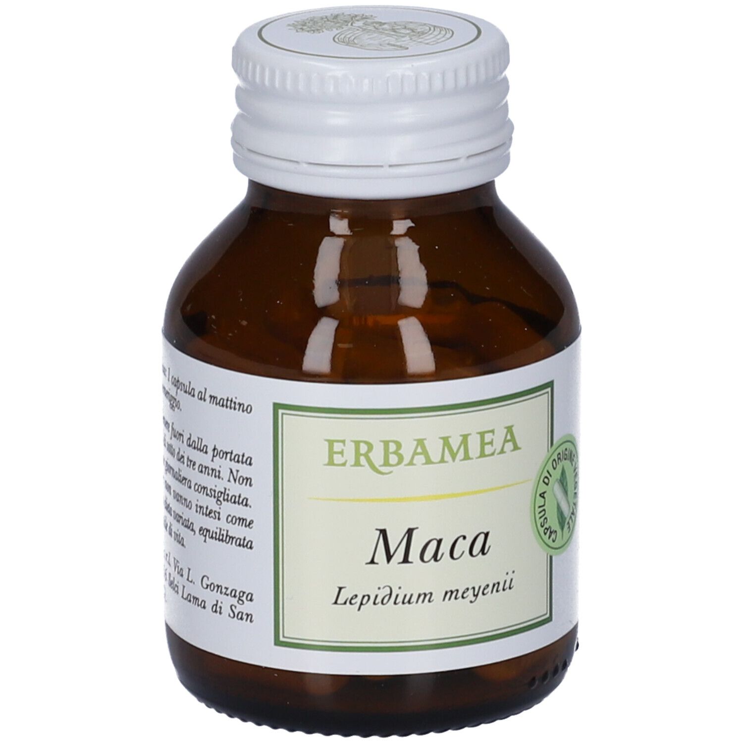 Flacone di vetro marrone con tappo bianco. Etichetta Erbamea Maca. Certificazione vegana.