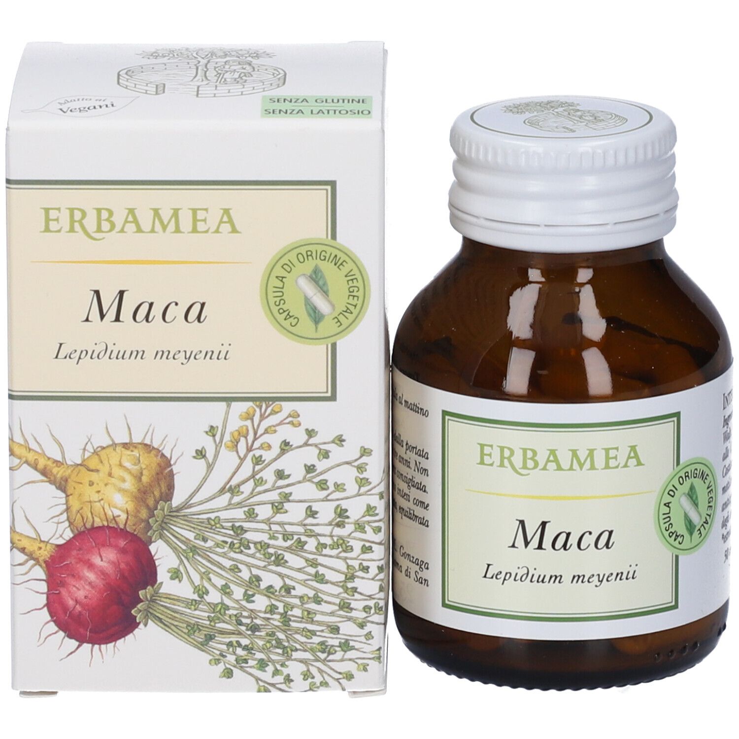 Flacone di vetro marrone con tappo bianco accanto a scatola bianca. Erbamea Maca. Vegano.