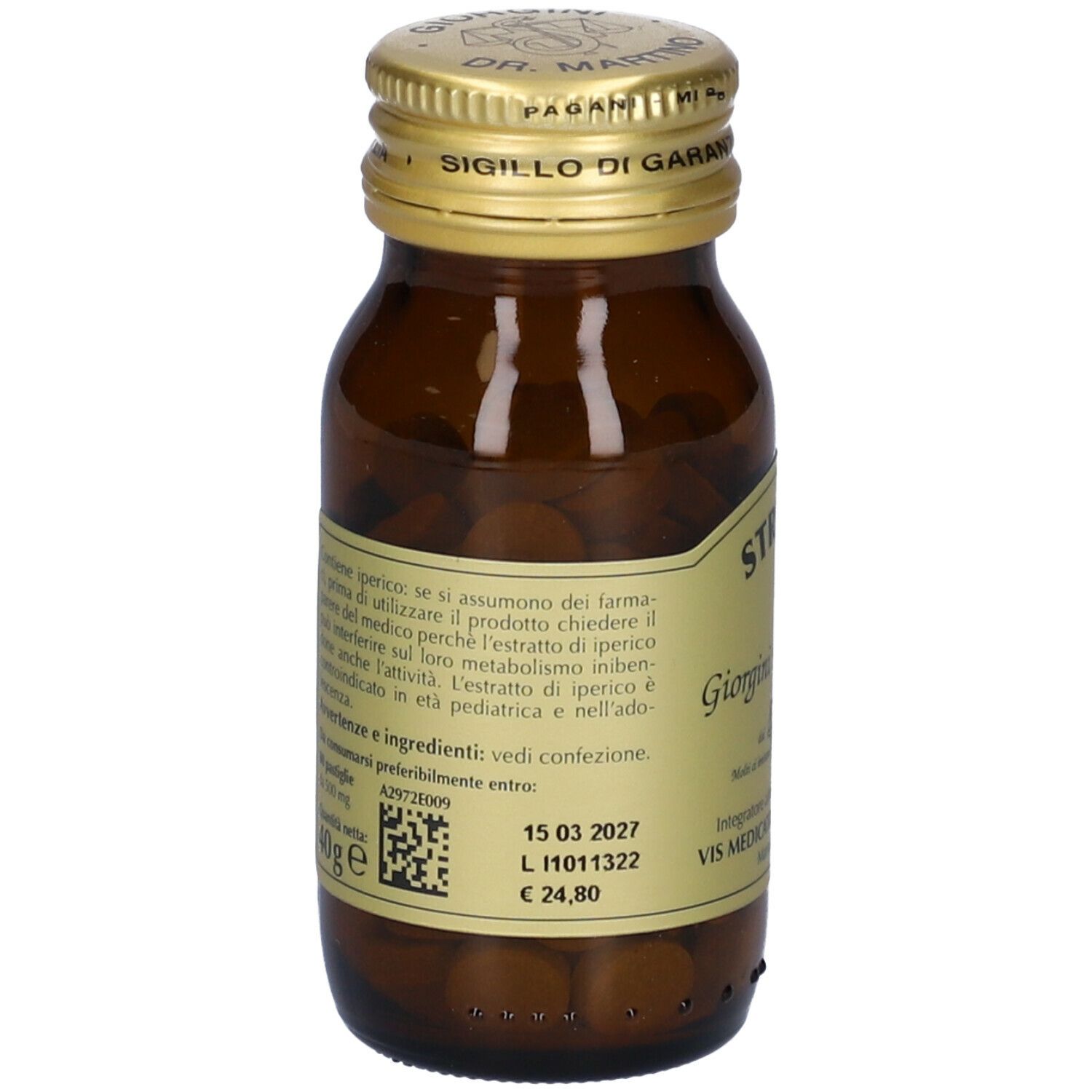 Flacone di vetro marrone con compresse e tappo dorato. Scritta: Stresvis, Giorgini Dr. Martino. Retro con testo.
