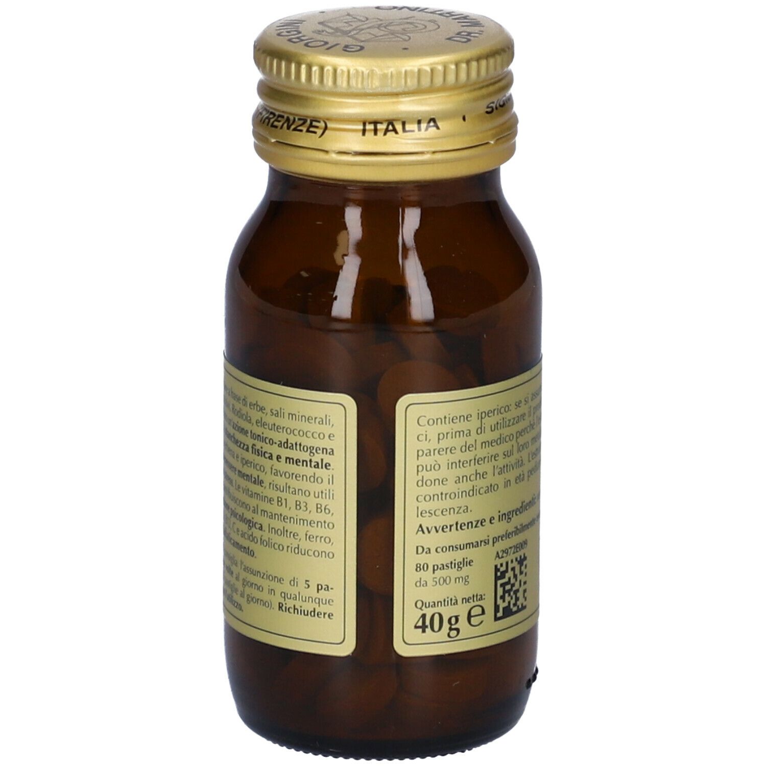 Flacone di vetro marrone con compresse e tappo dorato. Scritta: Stresvis, Giorgini Dr. Martino. Retro con testo.