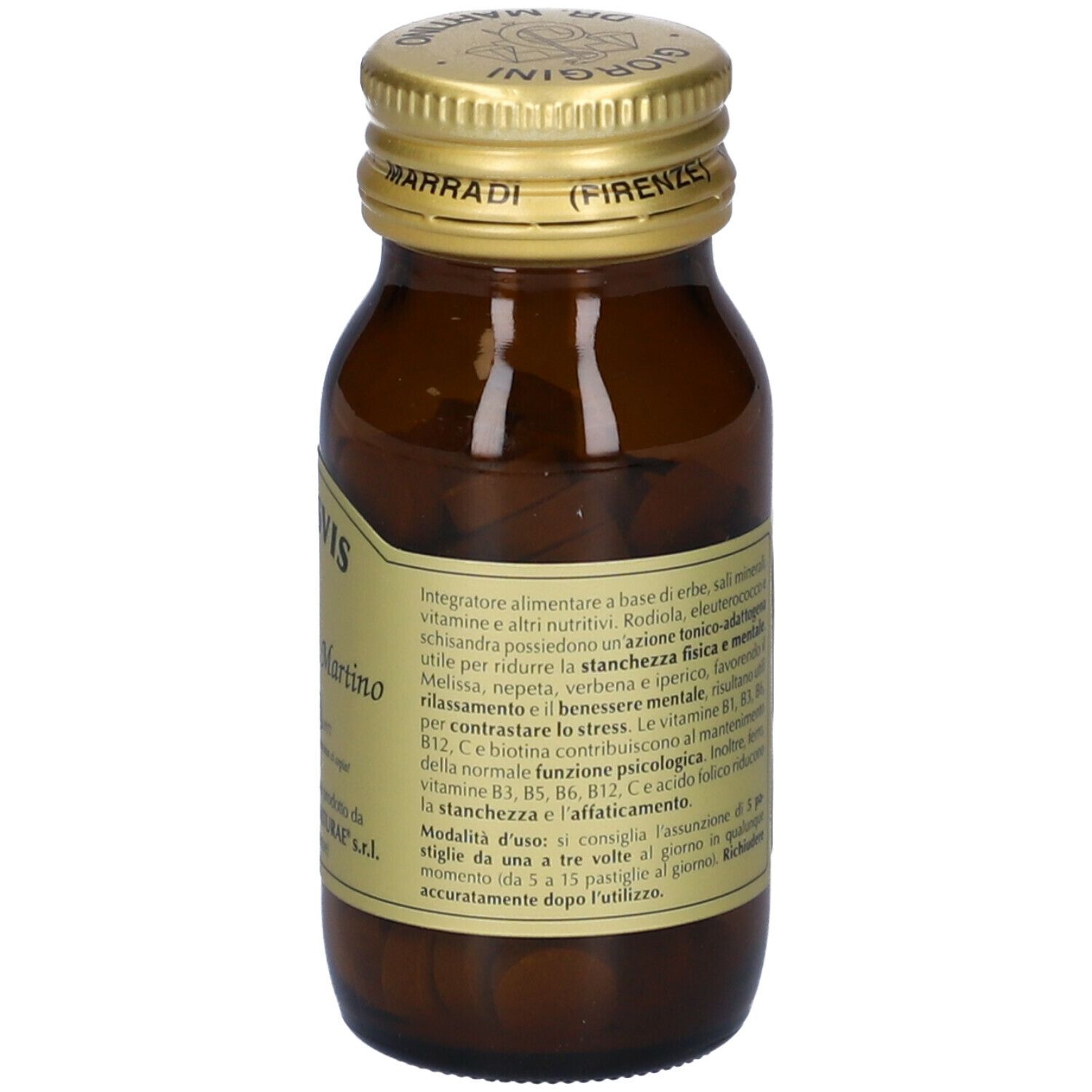 Flacone di vetro marrone con compresse e tappo dorato. Scritta: Stresvis, Giorgini Dr. Martino. Retro con testo.