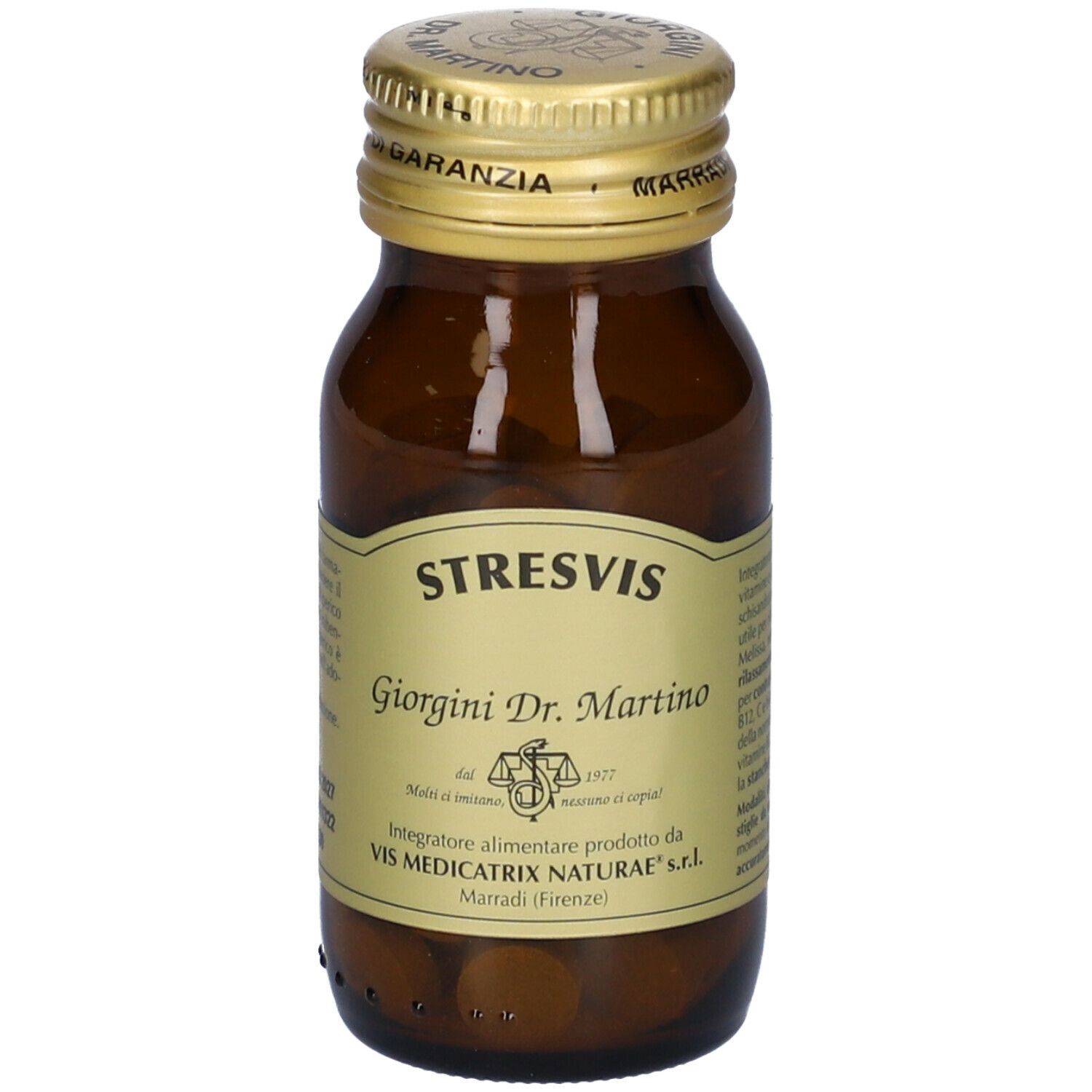 Flacone di vetro marrone con compresse e tappo dorato. Scritta: Stresvis, Giorgini Dr. Martino. Retro con testo.