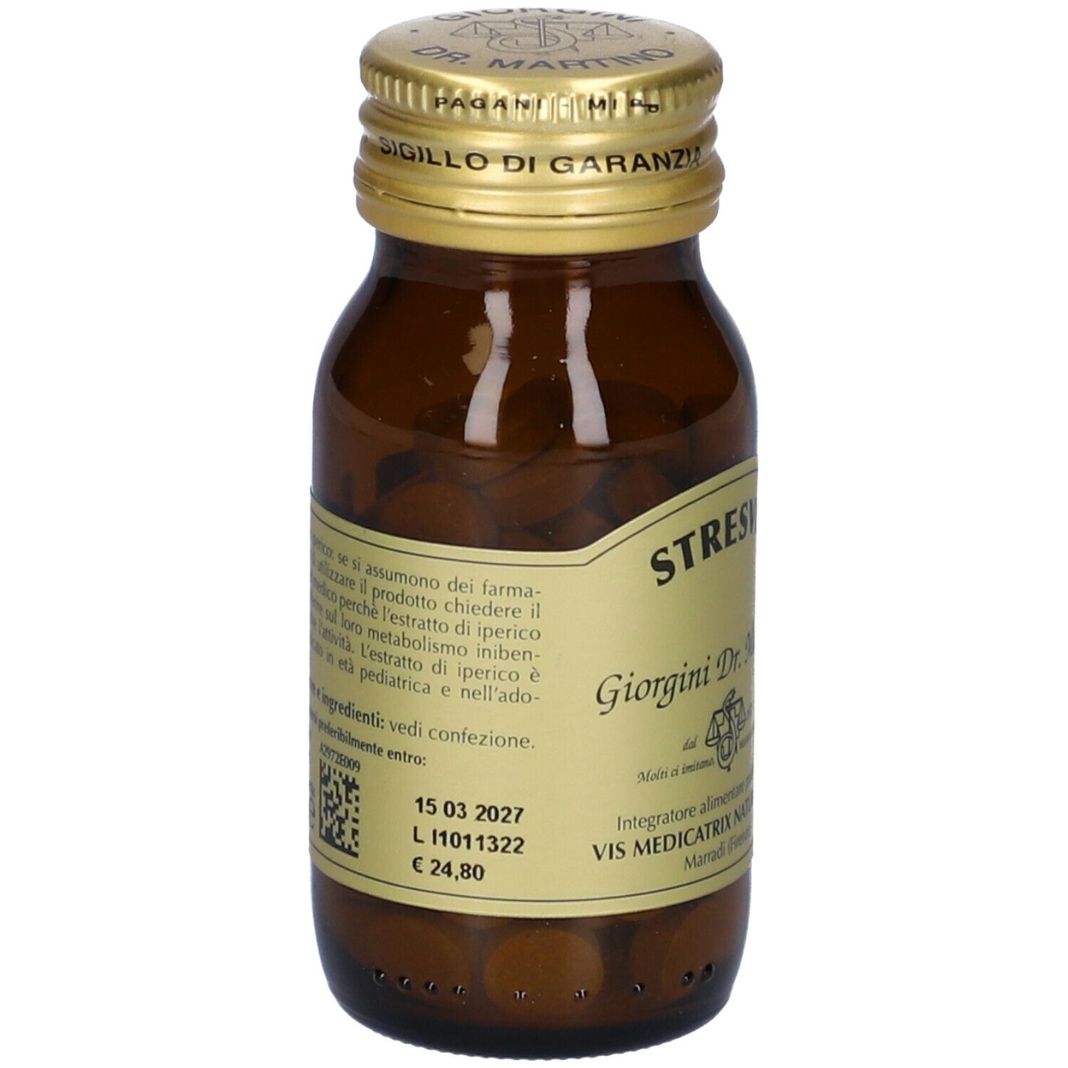 Flacone di vetro marrone con compresse e tappo dorato. Scritta: Stresvis, Giorgini Dr. Martino. Retro con testo.