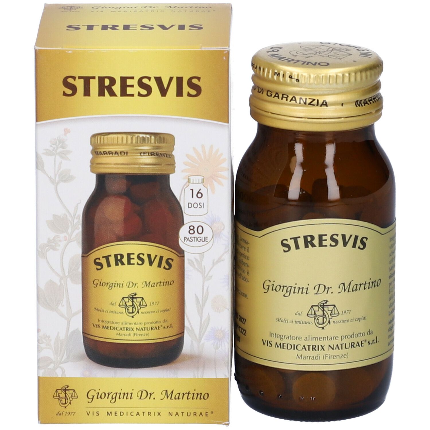 Flacone di vetro marrone con compresse e tappo dorato. Scritta: Stresvis, Giorgini Dr. Martino. Con confezione.