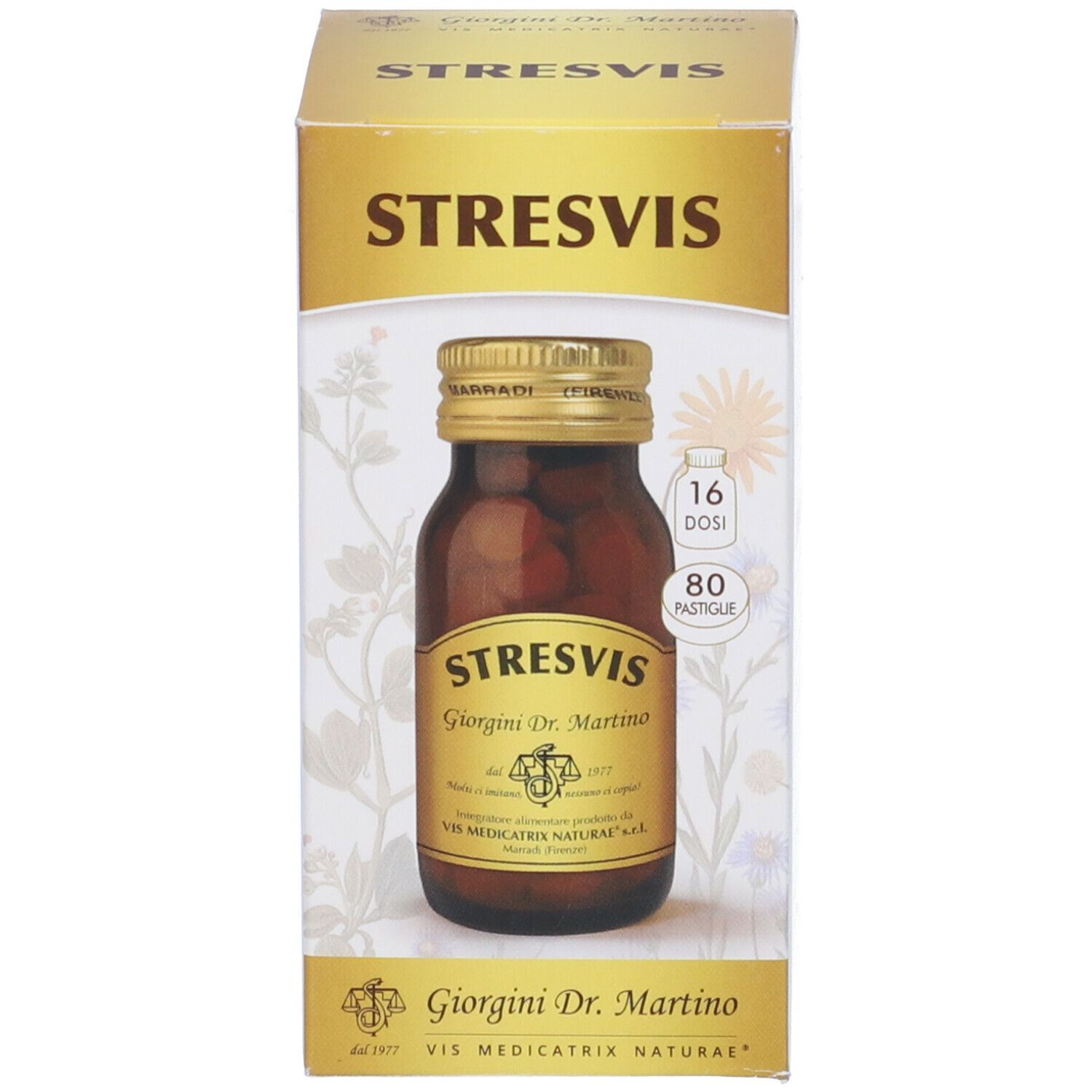 Flacone di vetro marrone con compresse e tappo dorato. Scritta: Stresvis, Giorgini Dr. Martino. Con confezione.