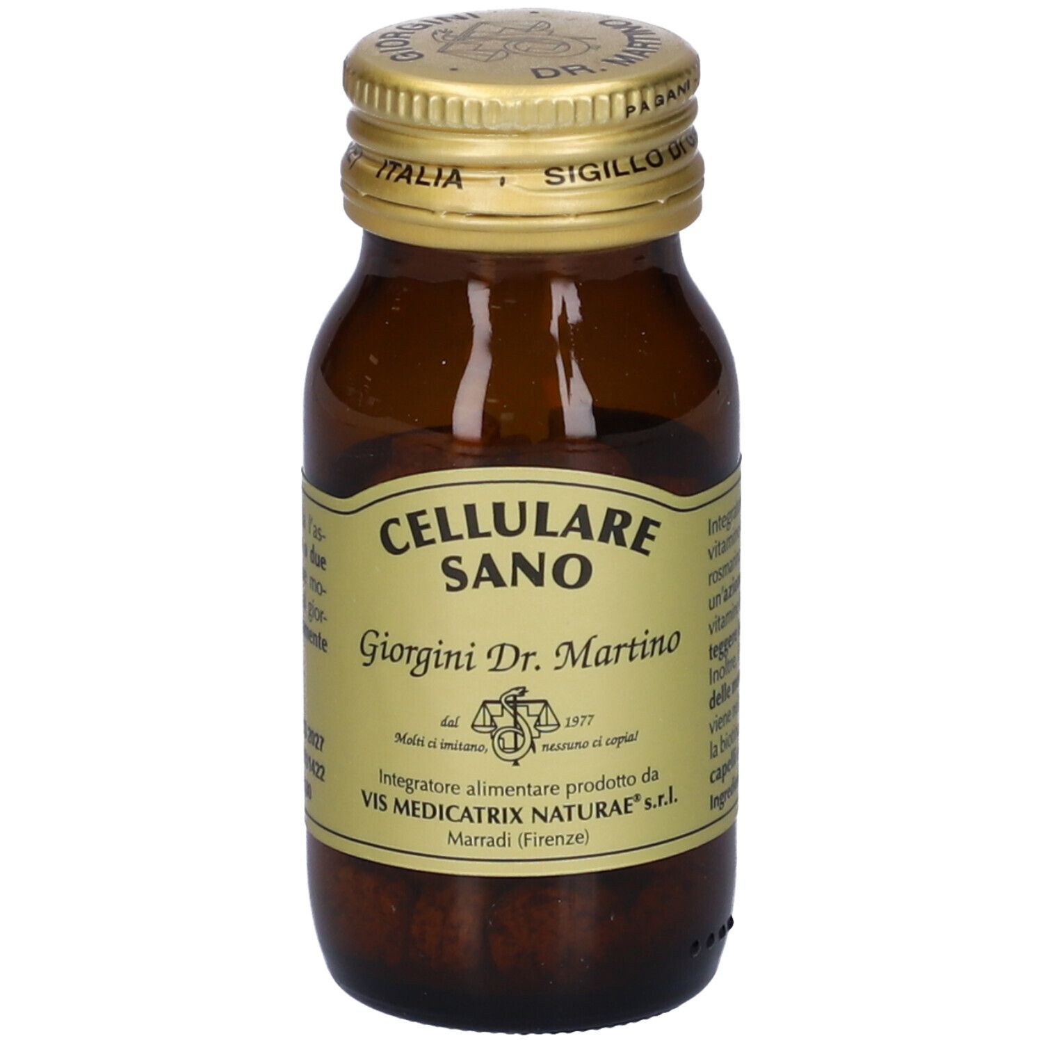 Flacone di vetro marrone con tappo dorato. Etichetta: Cellulare Sano, Giorgini Dr. Martino. Prodotto a Marradi (Firenze).