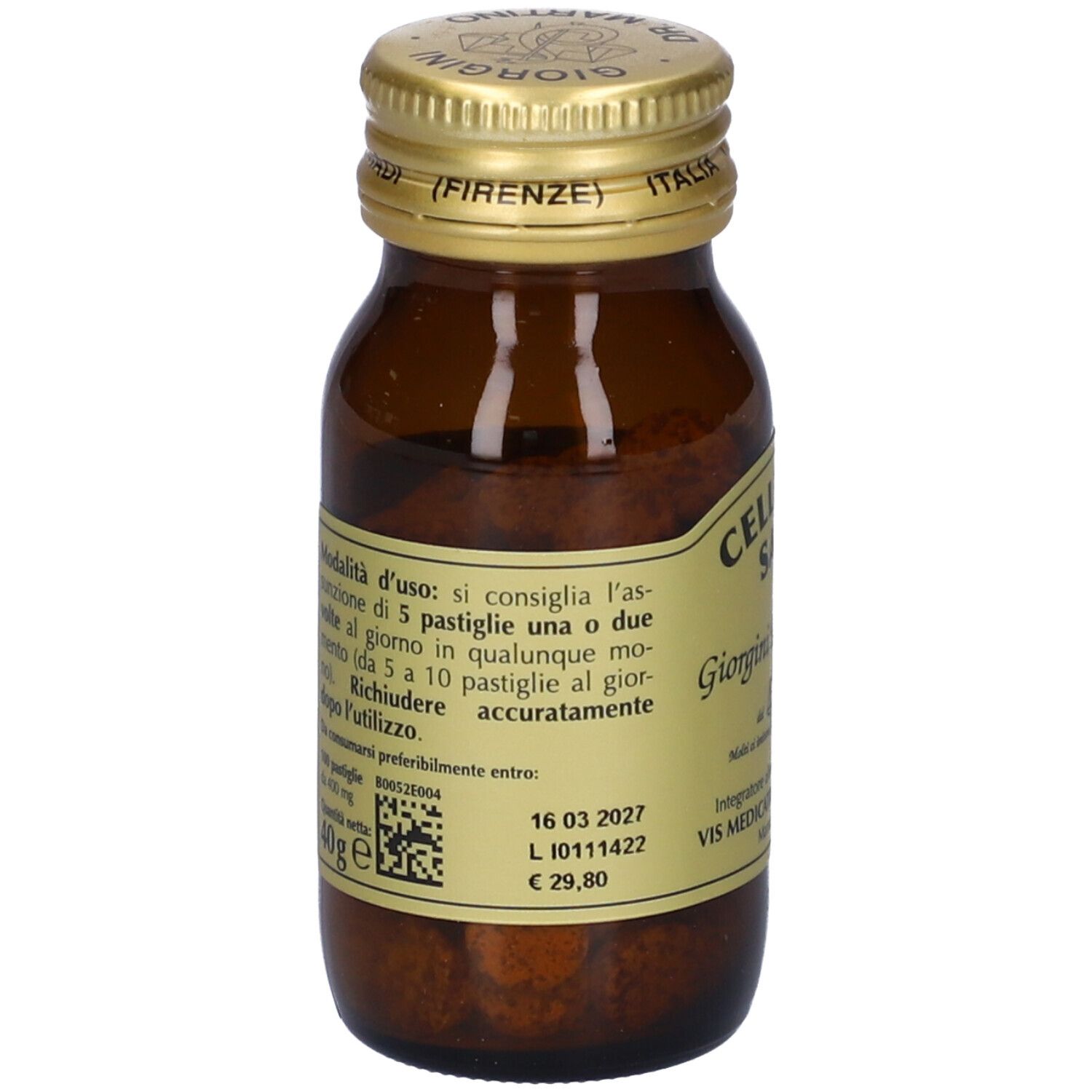 Flacone di vetro marrone con tappo dorato. Retro con testo. Testo: Cellulare Sano, Giorgini Dr. Martino. Scadenza: 16 03 2027.