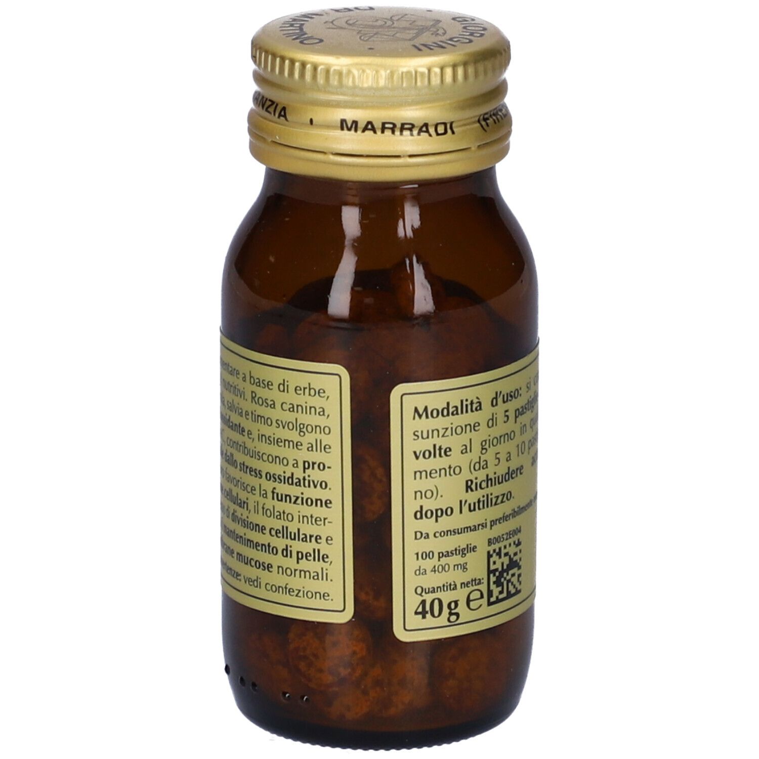 Flacone di vetro marrone con tappo dorato. Retro con testo. Testo: Cellulare Sano, Giorgini Dr. Martino. Contenuto: 100 pastiglie da 400 mg.