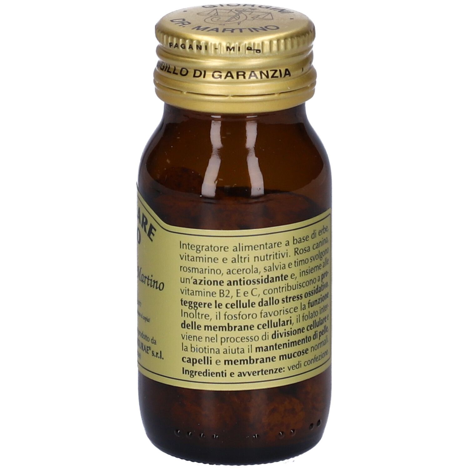 Flacone di vetro marrone con tappo dorato. Etichetta: Cellulare Sano, Giorgini Dr. Martino. Ingredienti e avvertenze.
