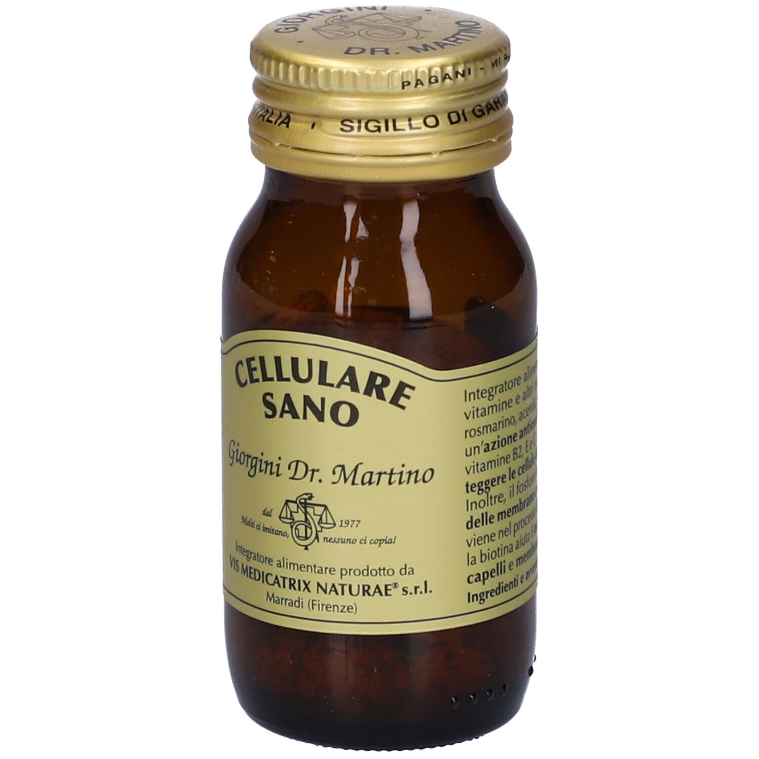 Flacone di vetro marrone con tappo dorato. Etichetta: Cellulare Sano, Giorgini Dr. Martino. Prodotto a Marradi (Firenze).