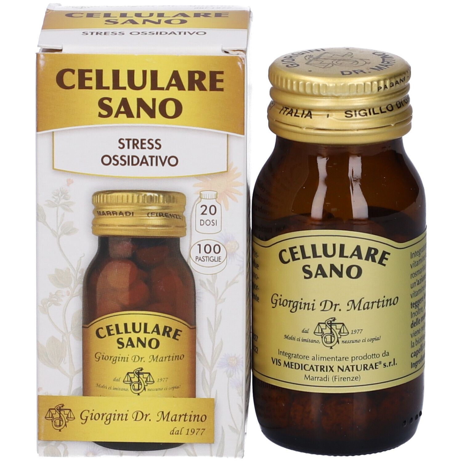 Flacone di vetro marrone con tappo dorato ed etichetta. Scatola abbinata. Testo: Cellulare Sano.