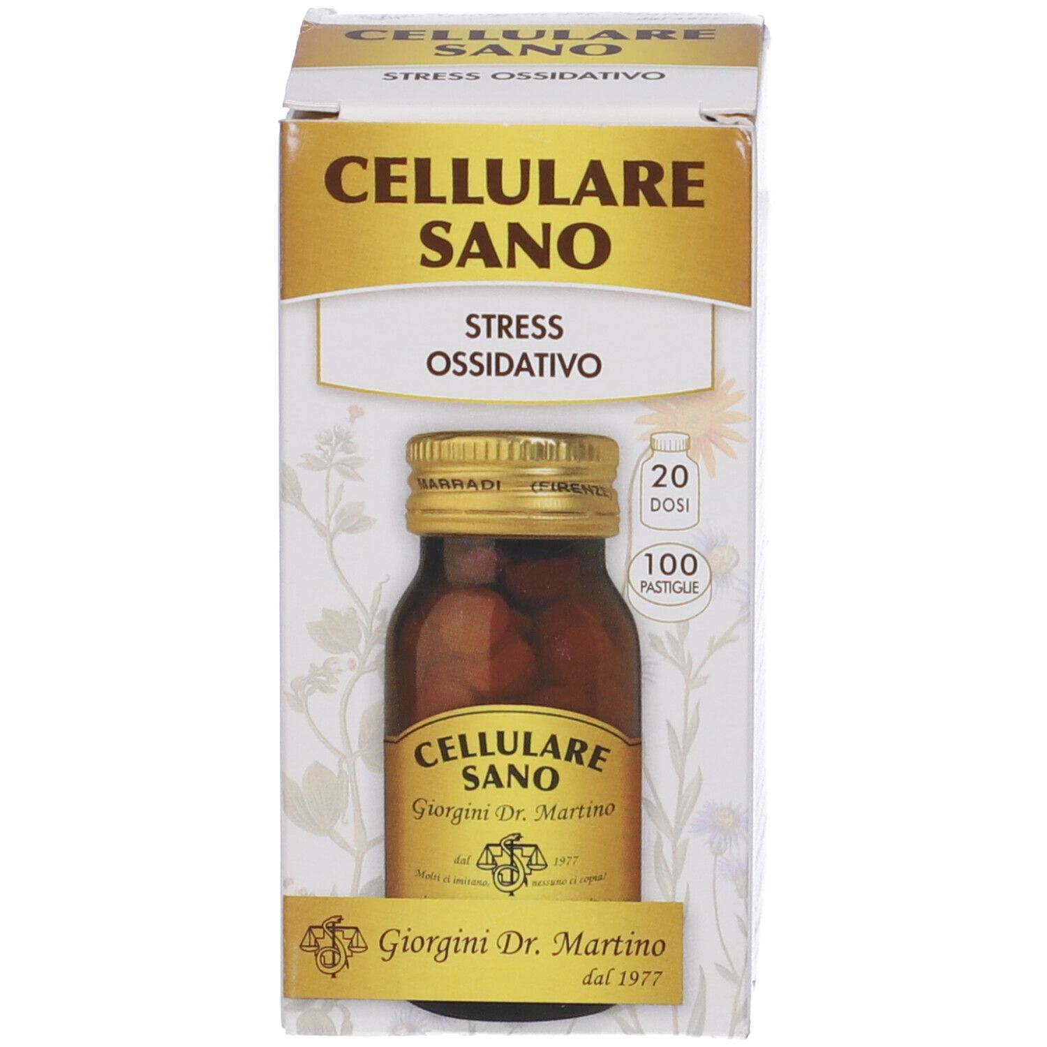 Scatola con flacone in vetro marrone e tappo dorato. Testo: Cellulare Sano, Stress Ossidativo. 20 dosi, 100 pastiglie.