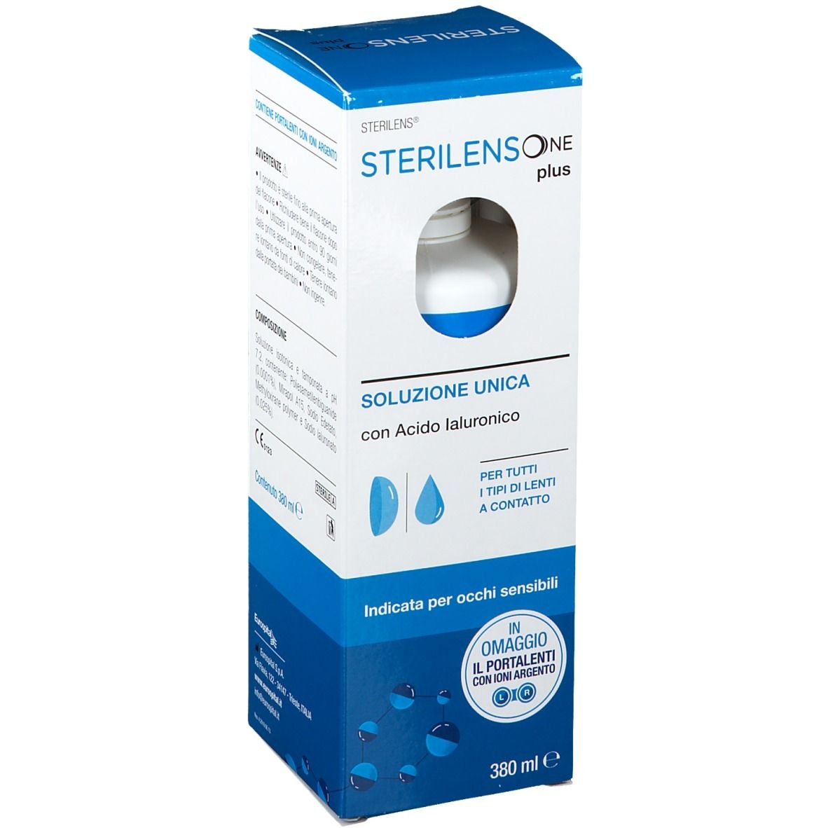 Confezione Sterilens One Plus. Scatola blu e bianca con informazioni e flacone.
