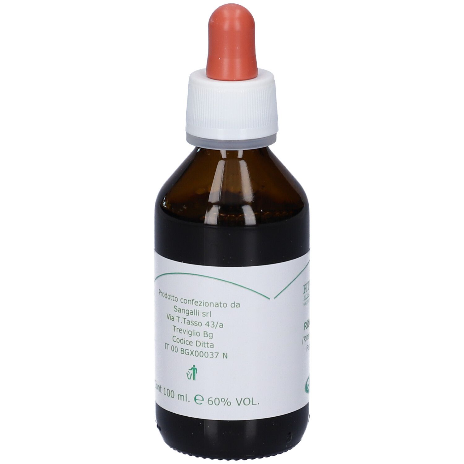 Flacone di vetro marrone con contagocce. Etichetta con informazioni del produttore. Contiene liquido. Contagocce rosso. Fito-San.