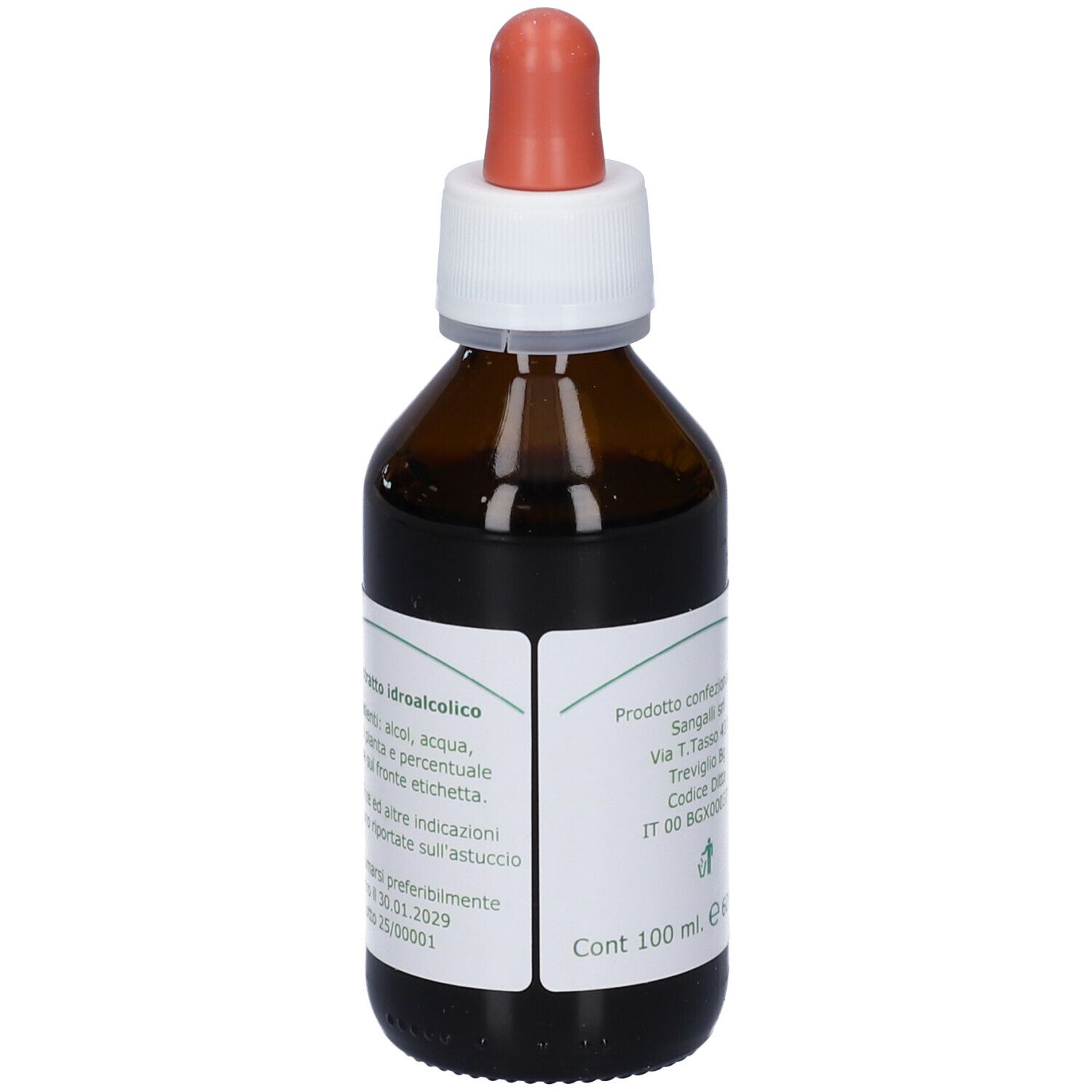 Flacone di vetro marrone con contagocce. Etichetta con ingredienti e volume. Contiene liquido. Contagocce rosso. Fito-San.