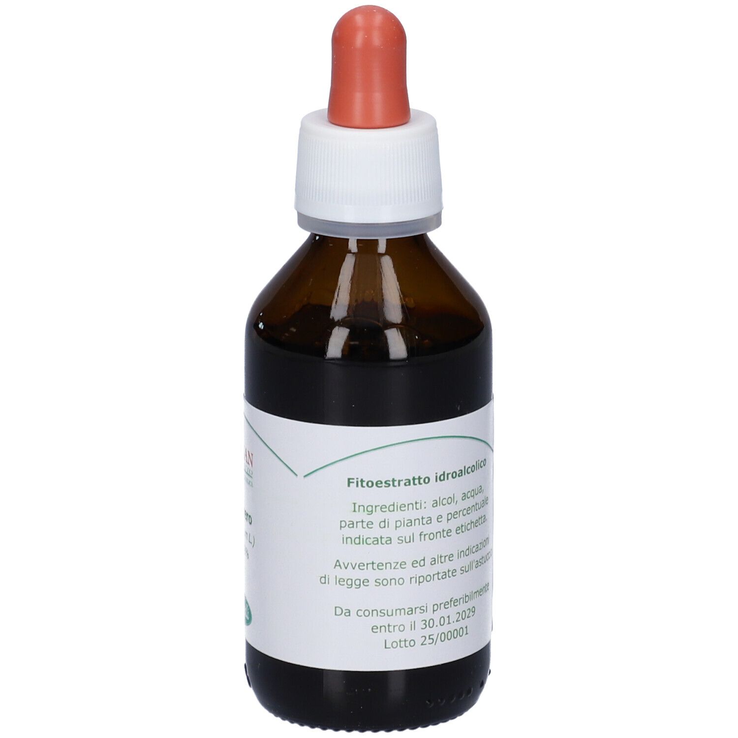 Flacone di vetro marrone con contagocce. Etichetta con ingredienti e data di scadenza. Contiene liquido. Contagocce rosso. Fito-San.